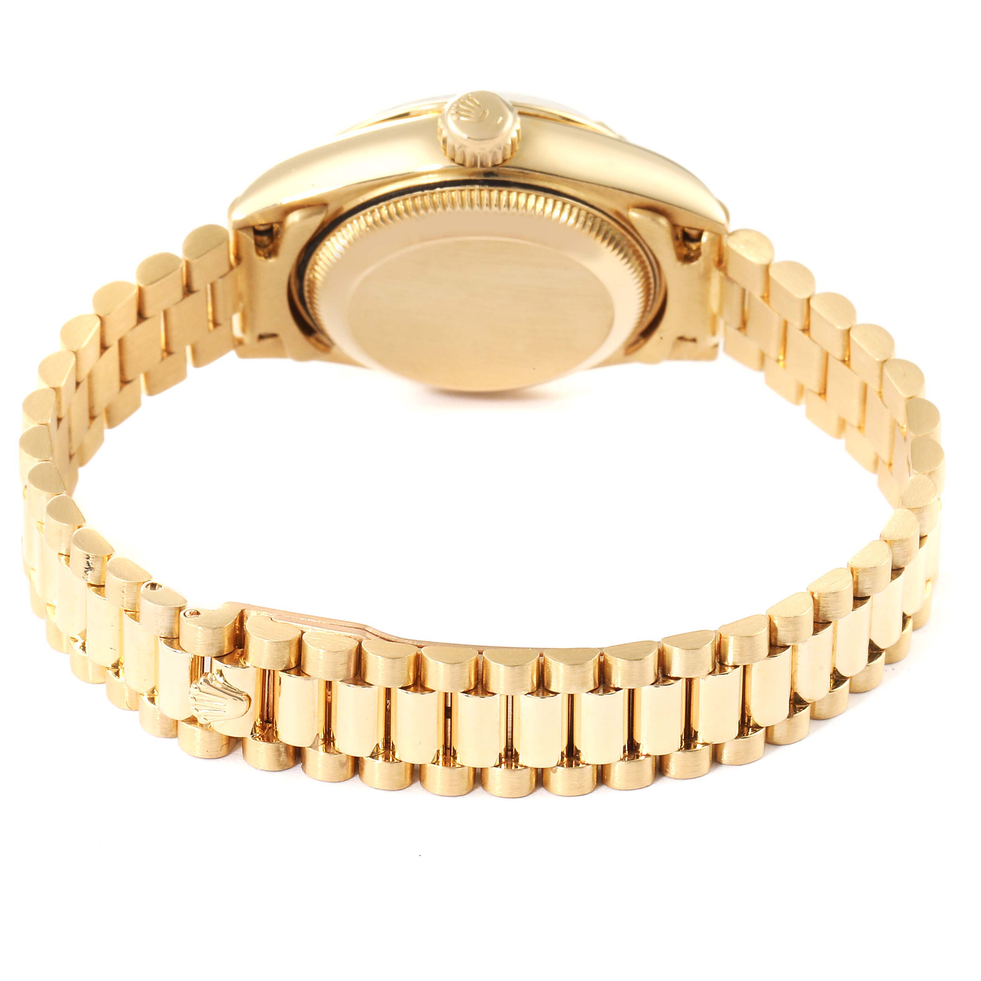 The image shows the back and bracelet of the Rolex President 69268 Women
s Yellow Gold Champagne Dial 69268 Women
s Yellow Gold Champagne Dial model watch in a gold finish.