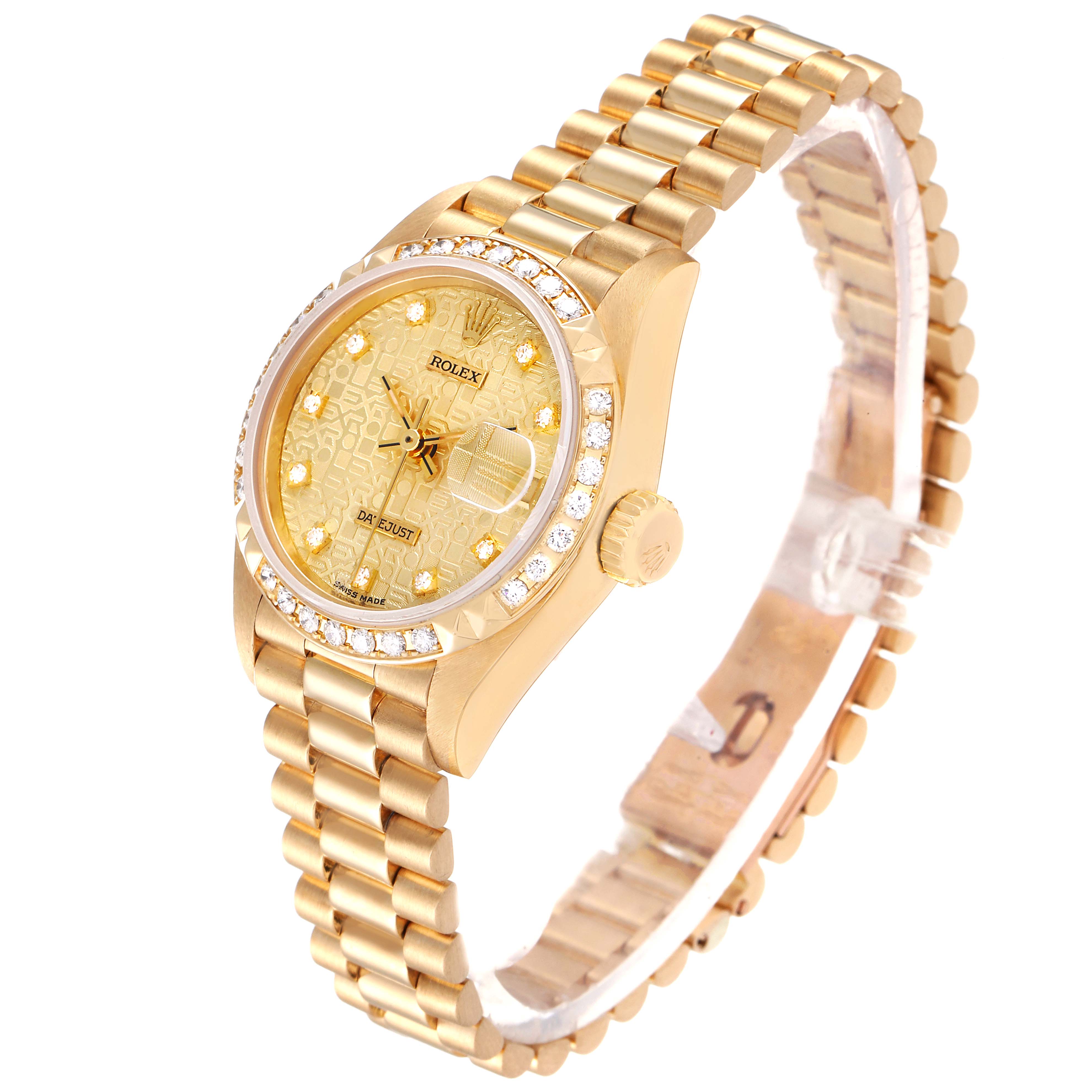 The image shows a Rolex President 69268 Women
s Yellow Gold Champagne Dial 69268 Women
s Yellow Gold Champagne Dial model watch from a front angle, highlighting its gold bracelet and diamond-studded bezel.