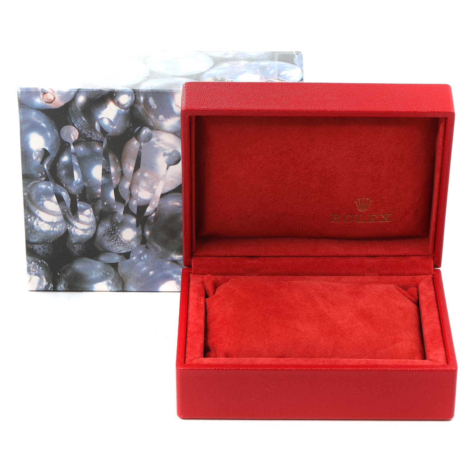 This image shows an open red Rolex President 69268 Women
s Yellow Gold Champagne Dial 69268 Women
s Yellow Gold Champagne Dial watch box with a matching cushion and a decorative outer box.