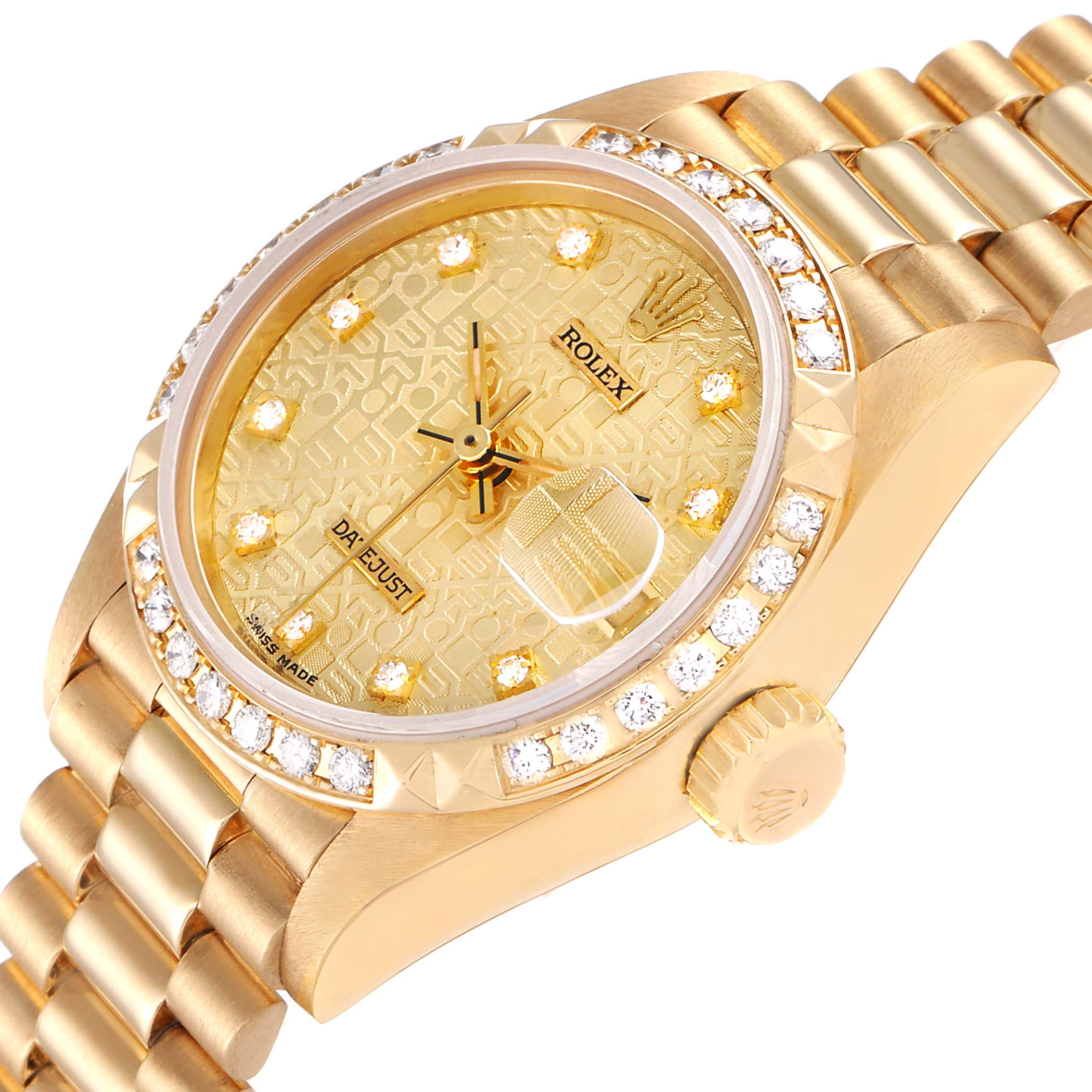The Rolex President 69268 Women
s Yellow Gold Champagne Dial 69268 Women
s Yellow Gold Champagne Dial model watch is shown at a three-quarter angle, highlighting the face, bezel, crown, and part of the bracelet.