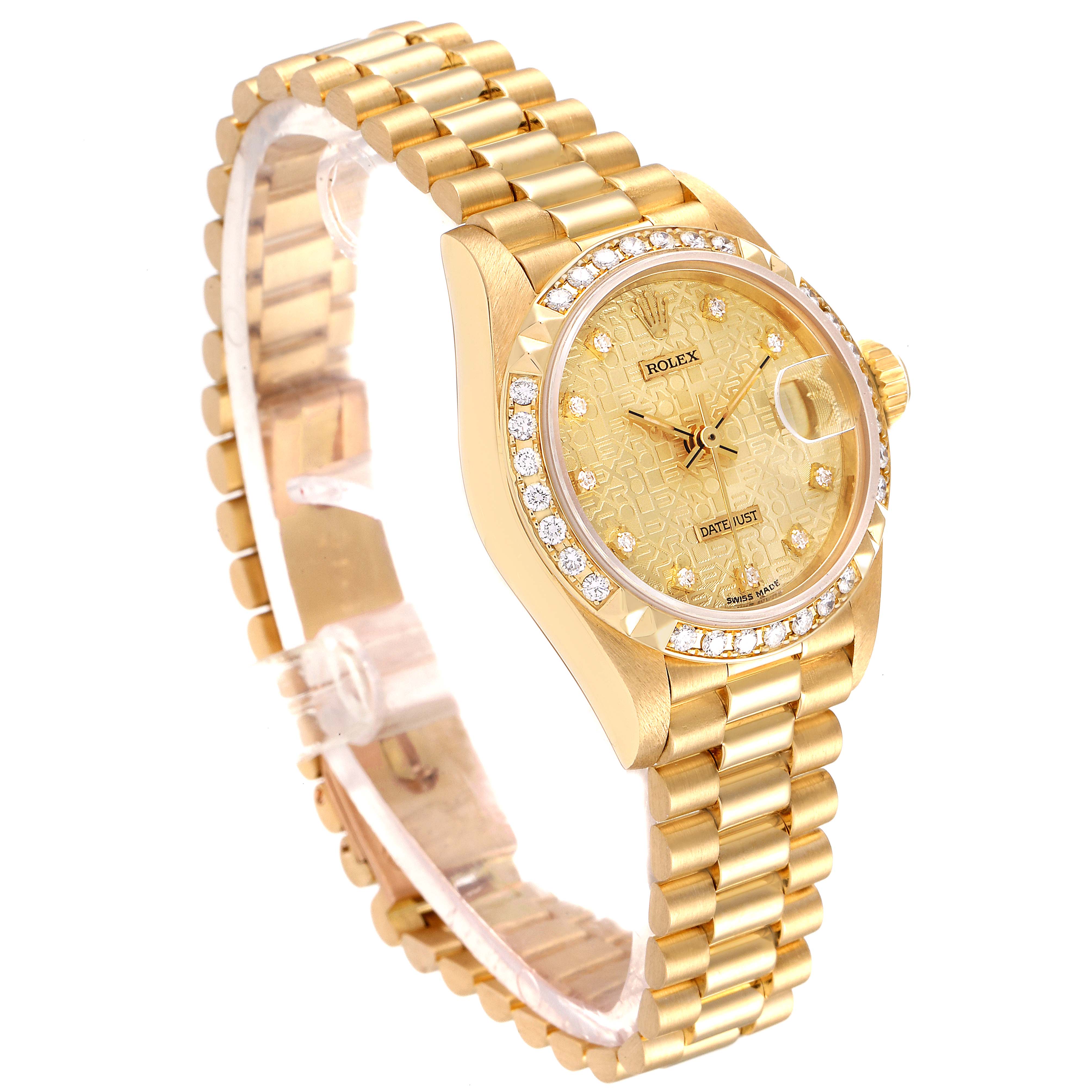 The image shows a Rolex President 69268 Women
s Yellow Gold Champagne Dial 69268 Women
s Yellow Gold Champagne Dial model watch from a three-quarter angle, displaying its face, bezel, crown, and bracelet.
