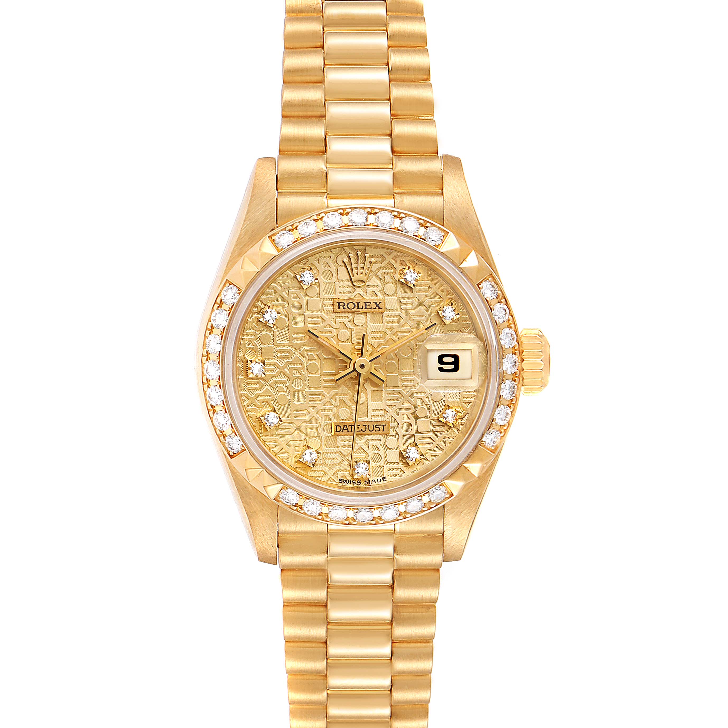 The image shows a front view of a Rolex President 69268 Women
s Yellow Gold Champagne Dial 69268 Women
s Yellow Gold Champagne Dial model watch, highlighting its gold bracelet, diamond bezel, and date display.