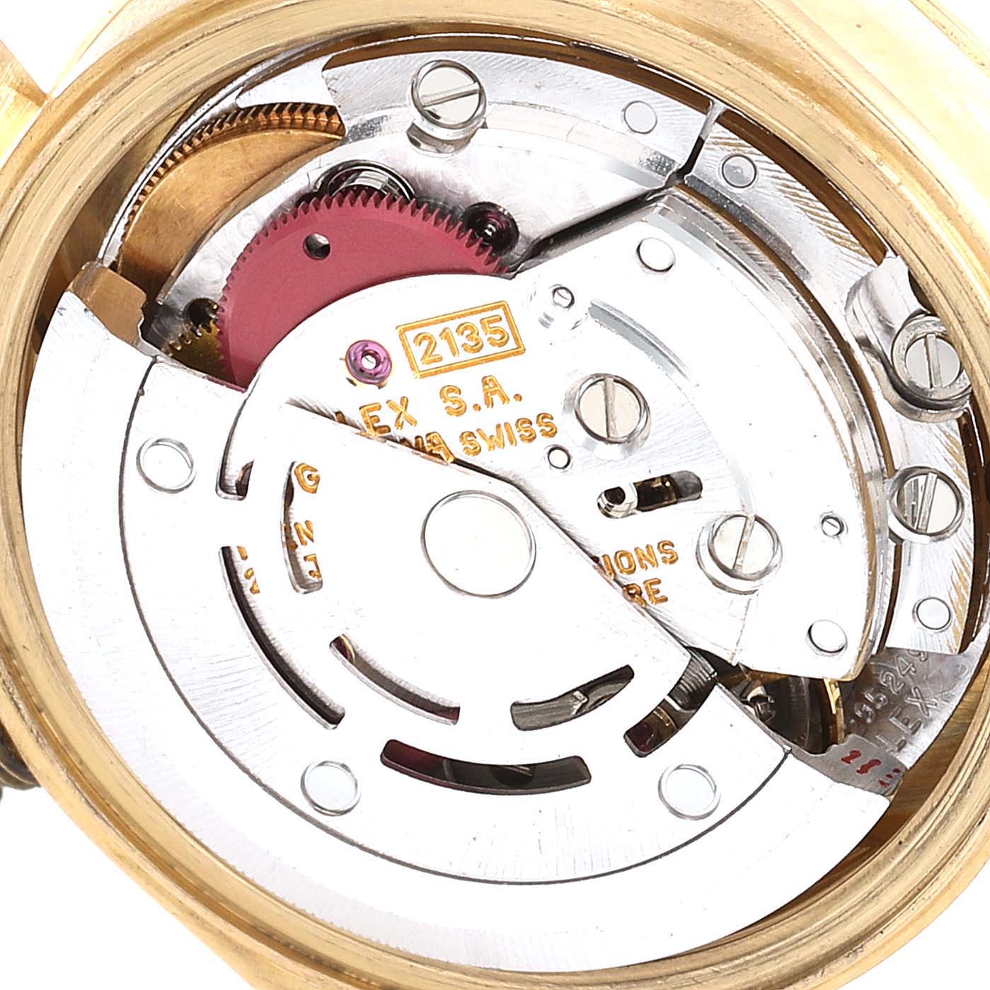 This close-up angle showcases the inner mechanical movement and components of the Rolex President 69268 Women
s Yellow Gold Champagne Dial 69268 Women
s Yellow Gold Champagne Dial watch model.