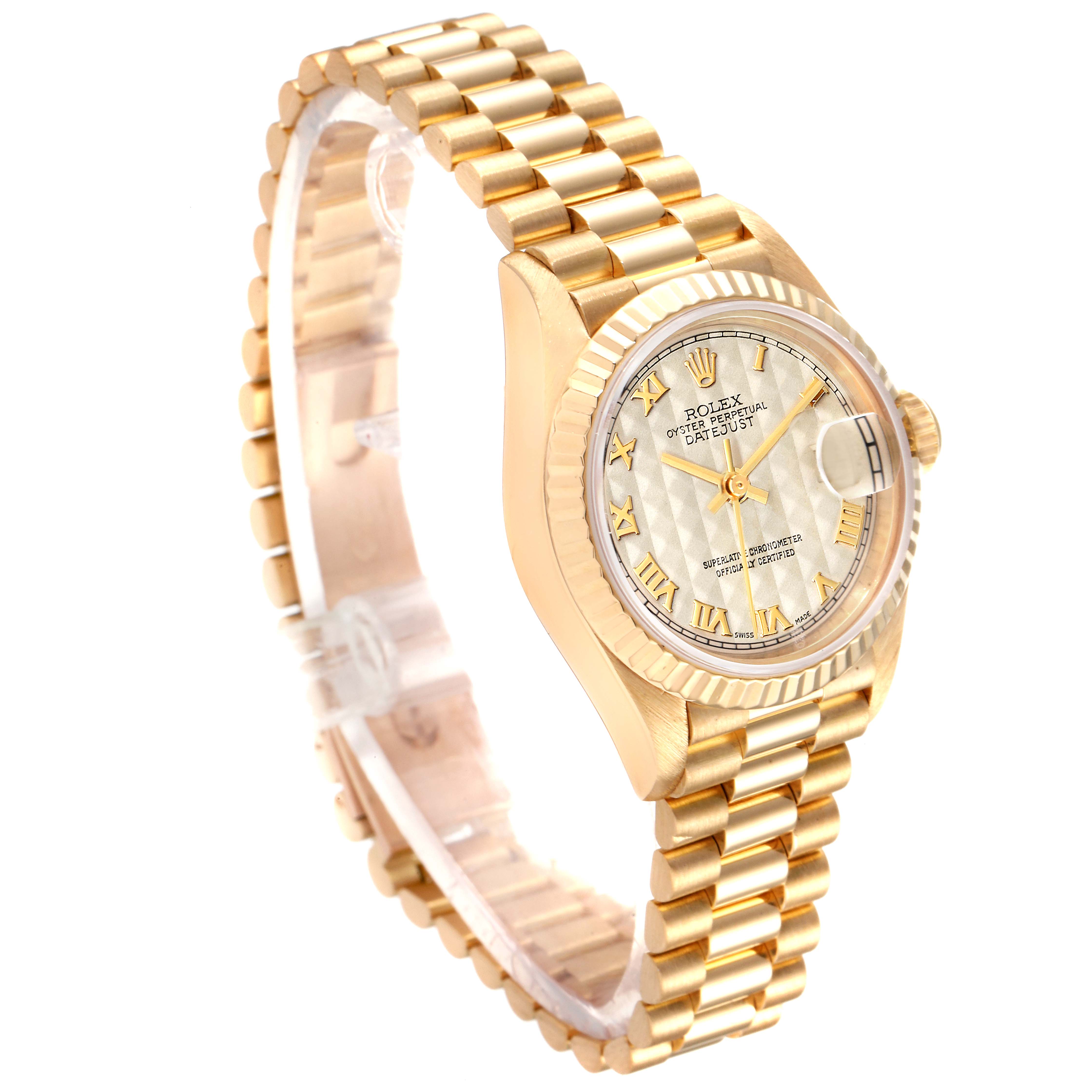 The Rolex President 69178 Women
s Yellow Gold Beige Dial 69178 Women
s Yellow Gold Beige Dial model watch is shown at an angle highlighting the bracelet, bezel, and dial.