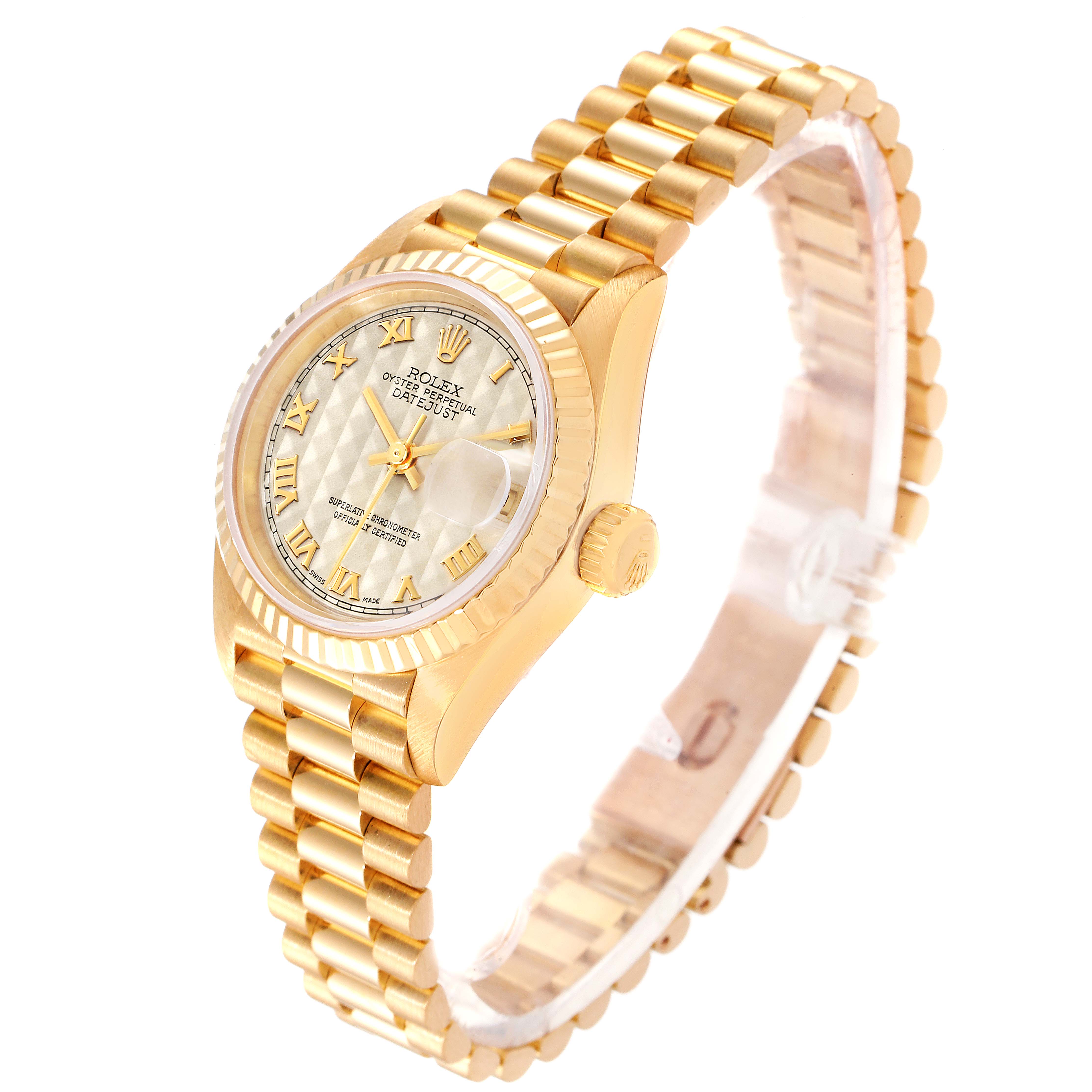 The image shows a side angle of a Rolex President 69178 Women
s Yellow Gold Beige Dial 69178 Women
s Yellow Gold Beige Dial model watch, highlighting the face, bezel, crown, and bracelet.