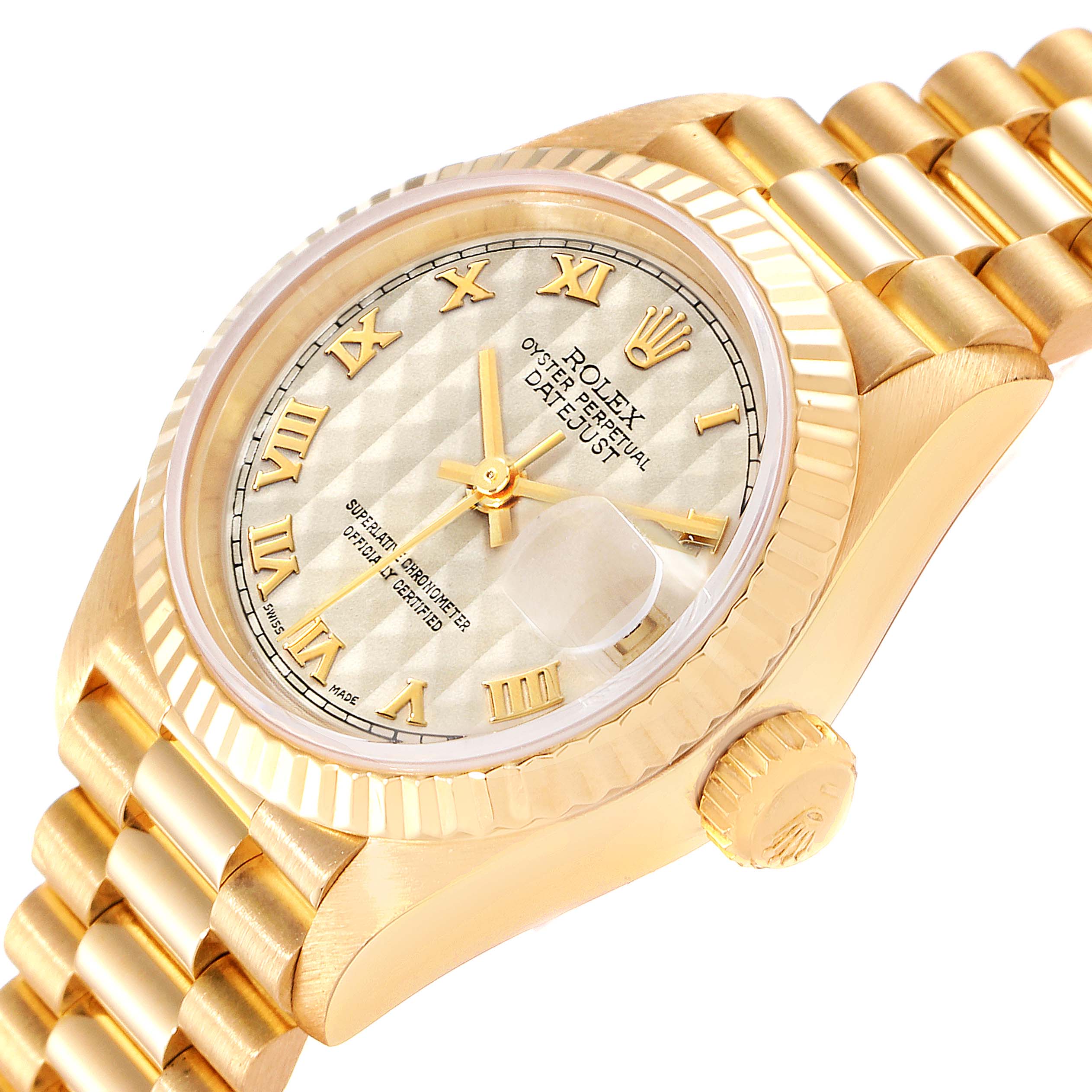 This image shows an angled close-up view of the dial, bezel, crown, and bracelet of a Rolex President 69178 Women
s Yellow Gold Beige Dial 69178 Women
s Yellow Gold Beige Dial model watch.
