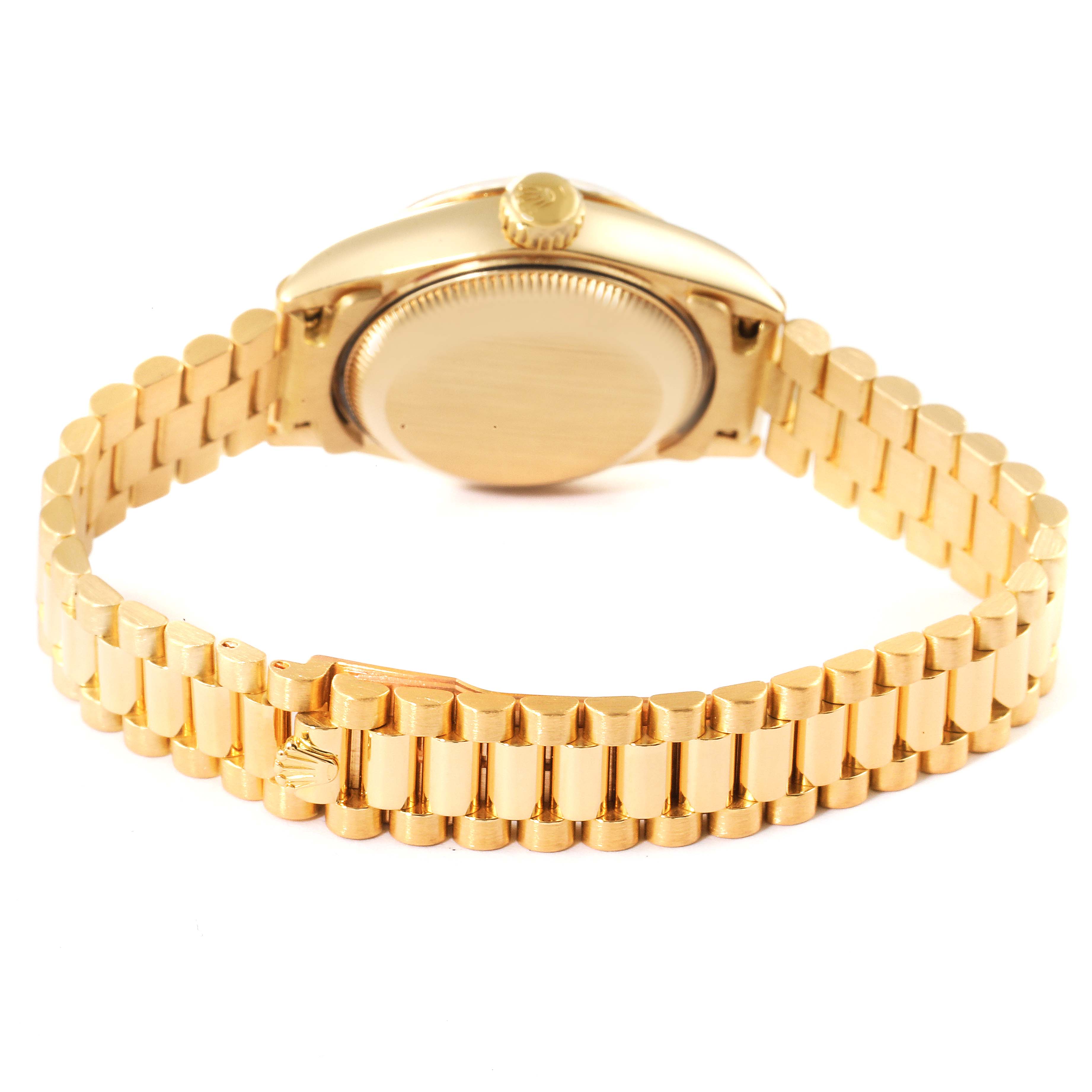 The image shows the back view of a Rolex President 69178 Women
s Yellow Gold Beige Dial 69178 Women
s Yellow Gold Beige Dial model watch, highlighting the case back, crown, and gold bracelet.