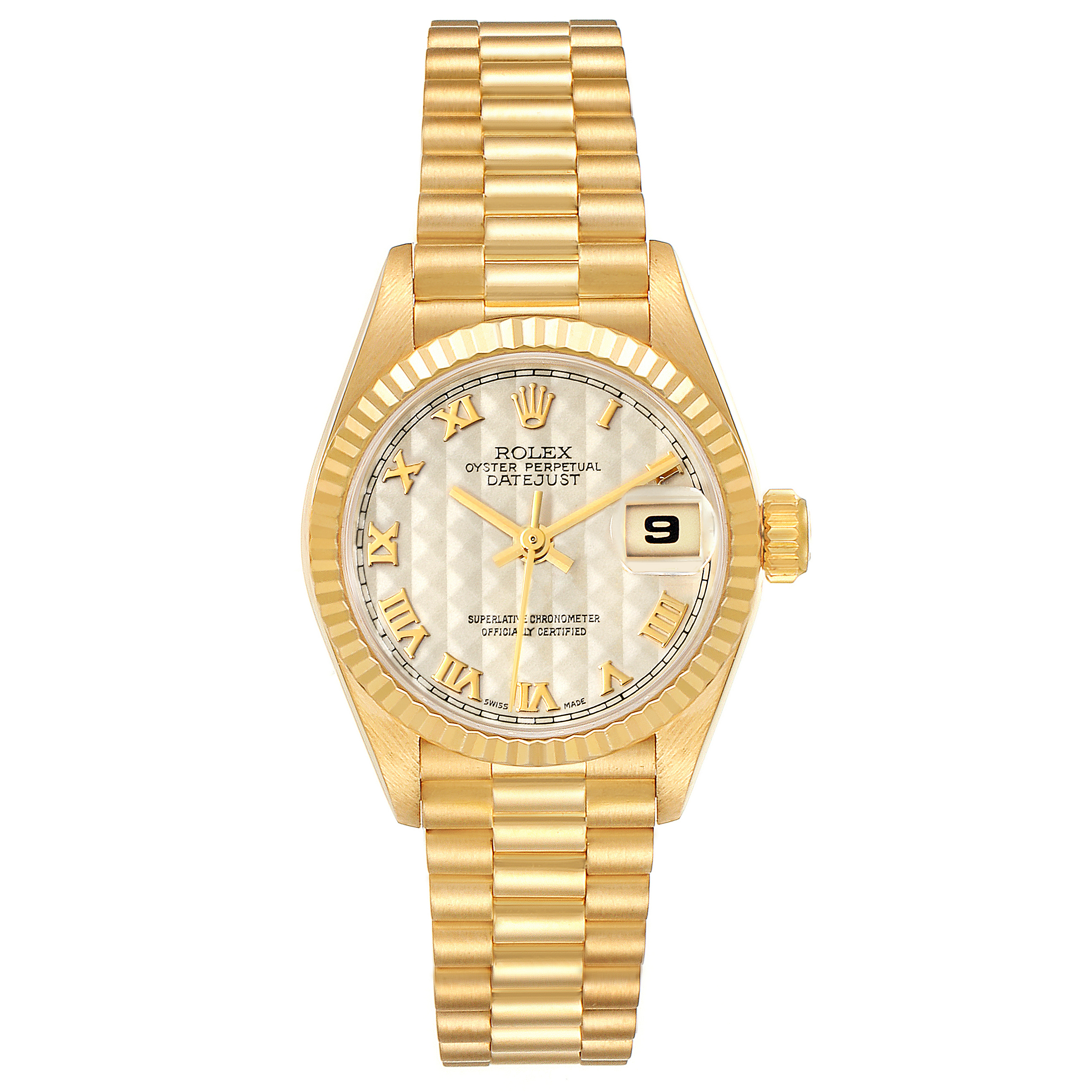 This image shows a full frontal view of a Rolex President 69178 Women
s Yellow Gold Beige Dial 69178 Women
s Yellow Gold Beige Dial model watch, highlighting its dial, bezel, and bracelet.