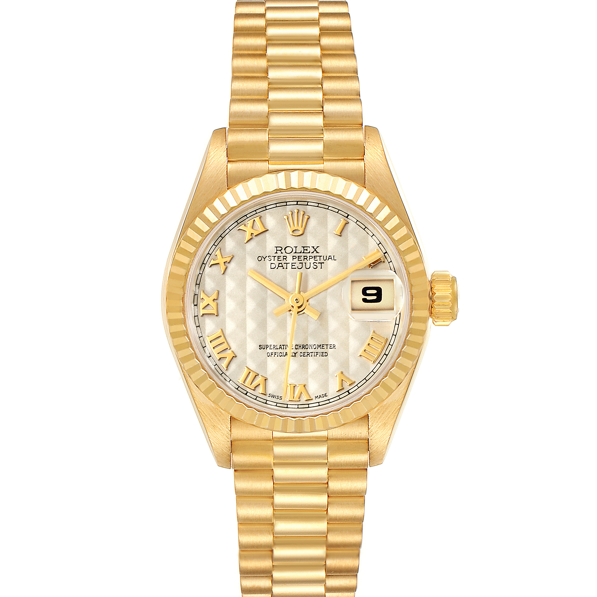 The image shows a front view of a Rolex President 69178 Women
s Yellow Gold Beige Dial 69178 Women
s Yellow Gold Beige Dial model watch, displaying its gold case, bracelet, and date window.