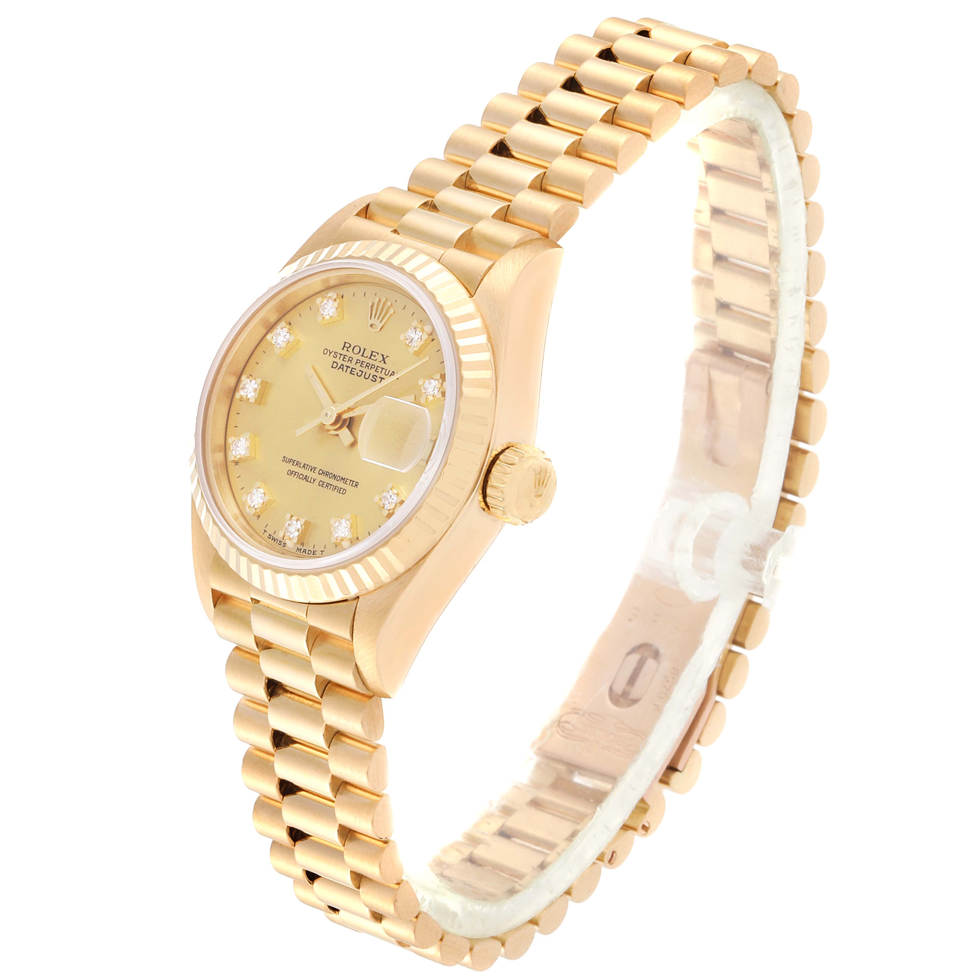 This image shows a side view of a Rolex President 69178 Women
s Yellow Gold Champagne Dial 69178 Women
s Yellow Gold Champagne Dial model watch, highlighting the face, bezel, crown, and bracelet.