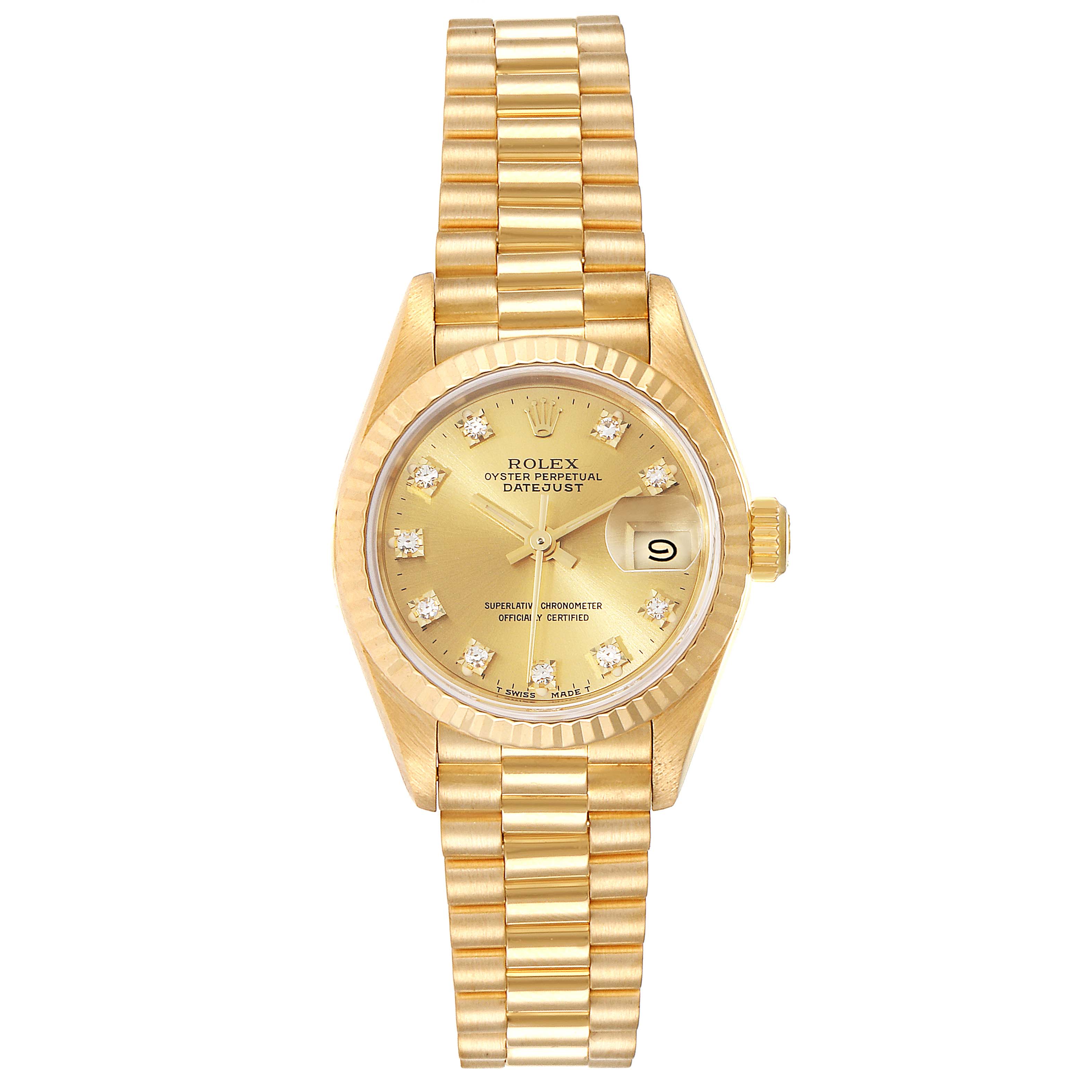 The Rolex President 69178 Women
s Yellow Gold Champagne Dial 69178 Women
s Yellow Gold Champagne Dial Datejust watch is shown from a top view, displaying the dial, bezel, and bracelet.
