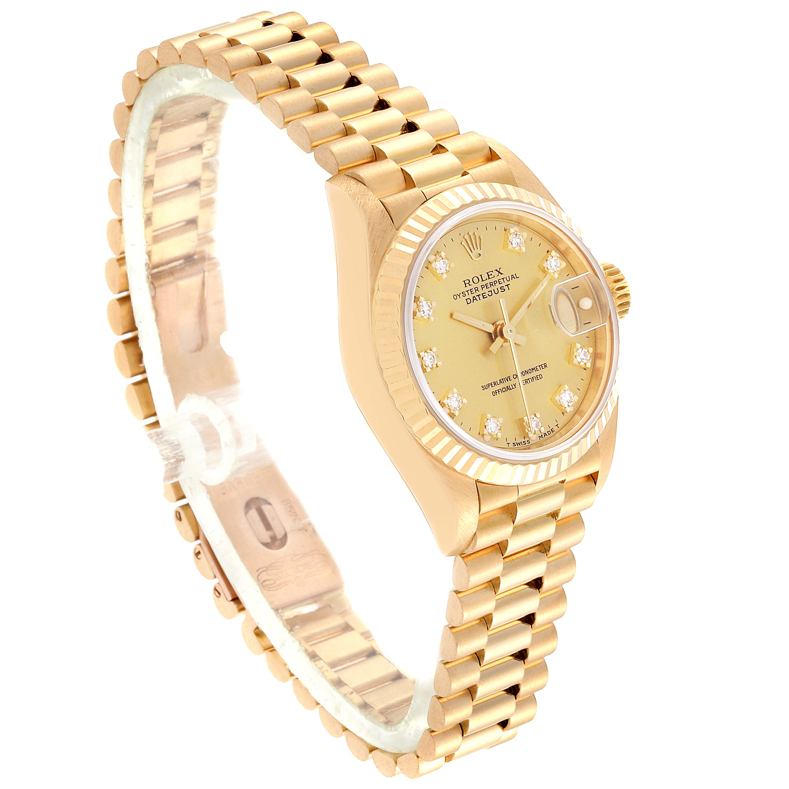 The Rolex President 69178 Women
s Yellow Gold Champagne Dial 69178 Women
s Yellow Gold Champagne Dial model watch is shown at an angled view, displaying its gold bracelet, bezel, dial, and diamond hour markers.