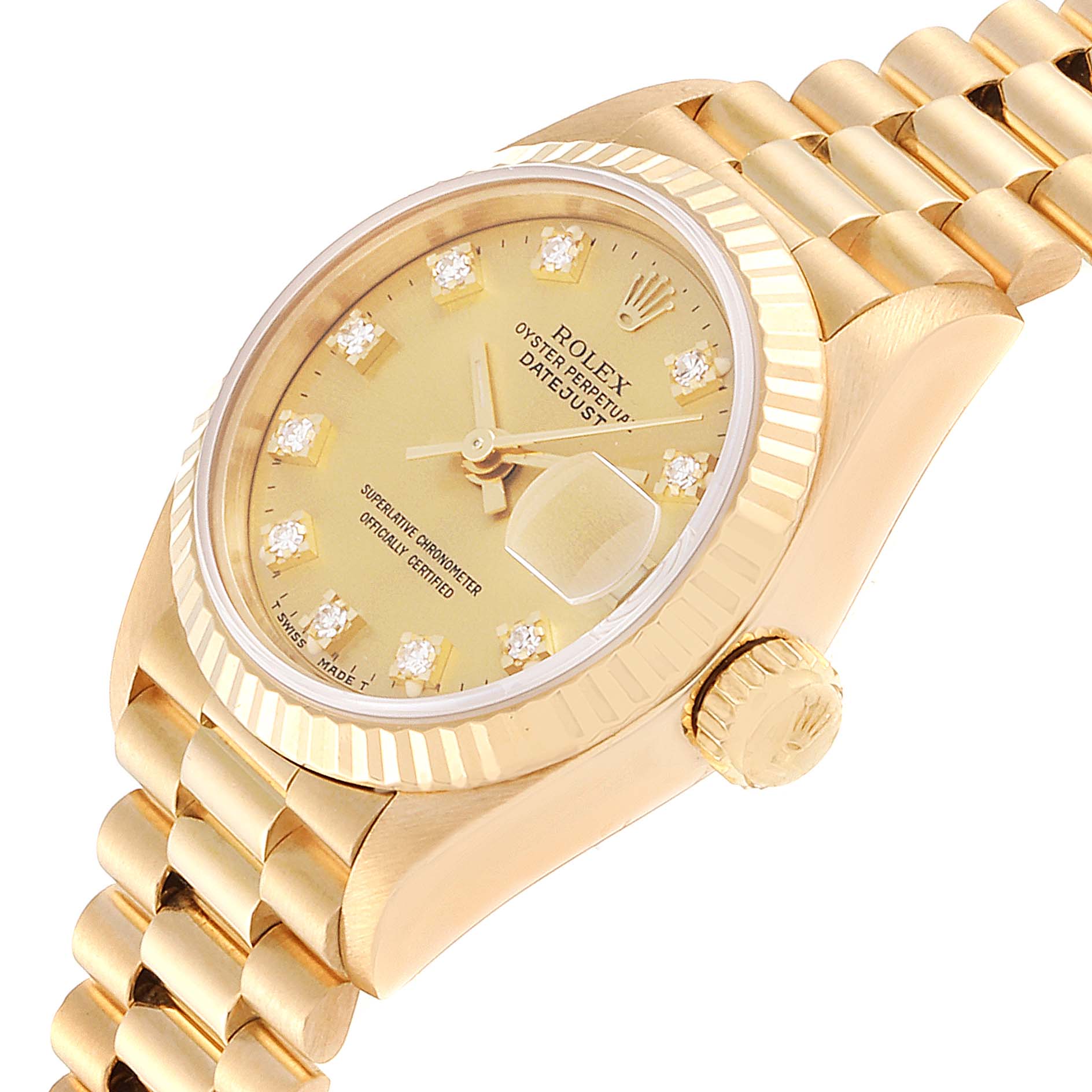 The image shows a close-up of a Rolex President 69178 Women
s Yellow Gold Champagne Dial 69178 Women
s Yellow Gold Champagne Dial model watch, focusing on the face, bezel, and part of the band.