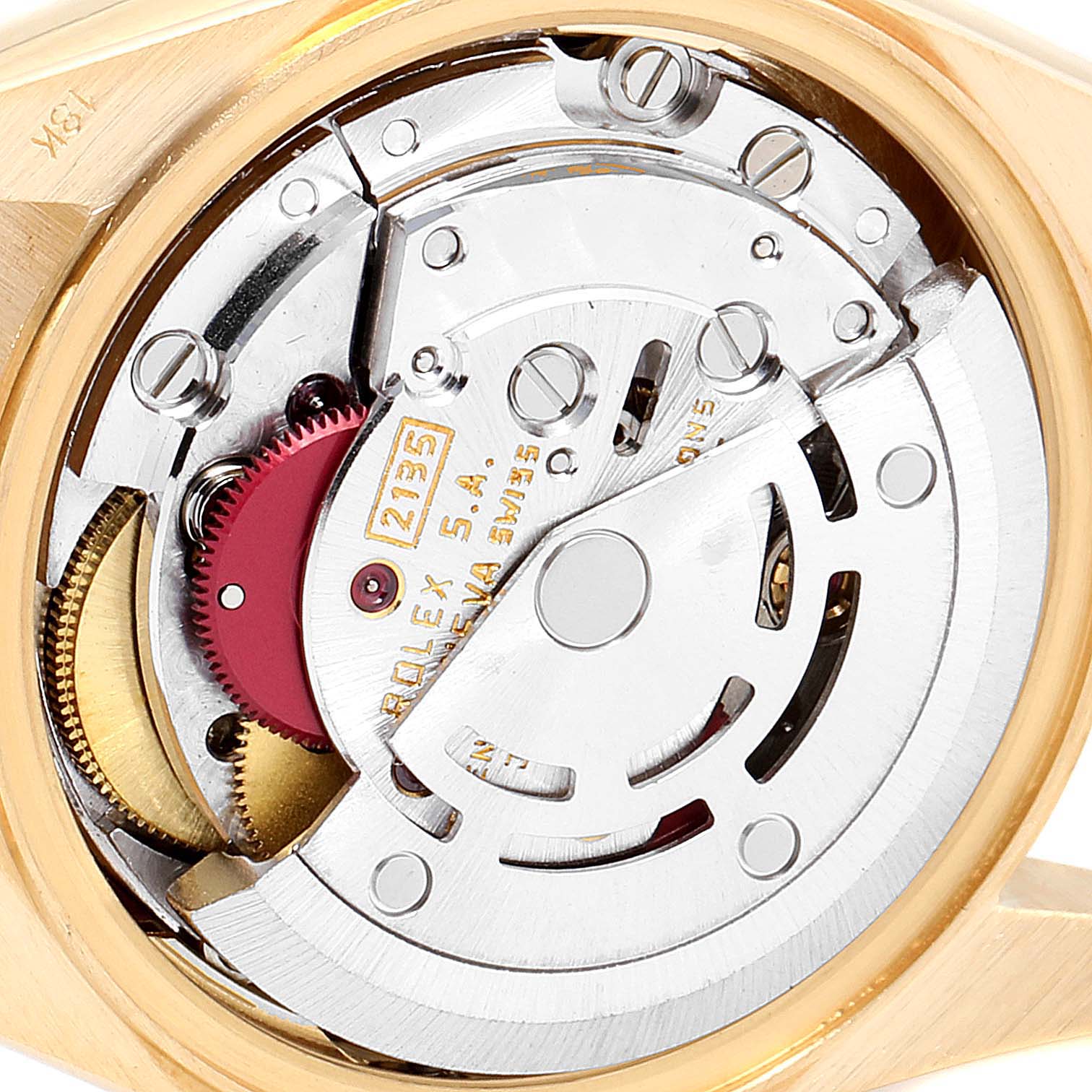 The image shows a close-up of the movement inside the caseback of a Rolex President 69178 Women
s Yellow Gold Champagne Dial 69178 Women
s Yellow Gold Champagne Dial model.