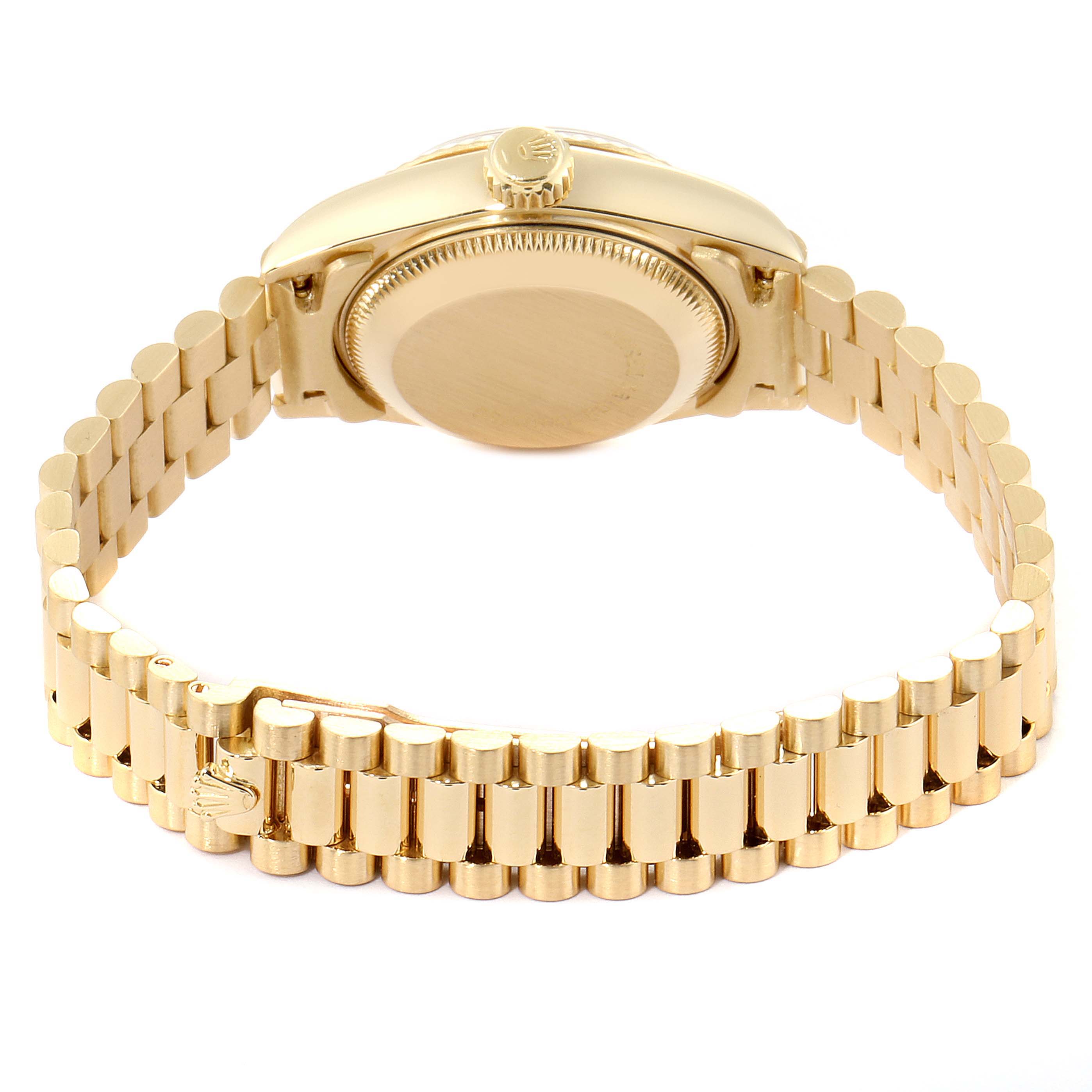 The image shows the back case and bracelet of the Rolex President 69178 Women
s Yellow Gold Champagne Dial 69178 Women
s Yellow Gold Champagne Dial watch, displayed at a slight angle.