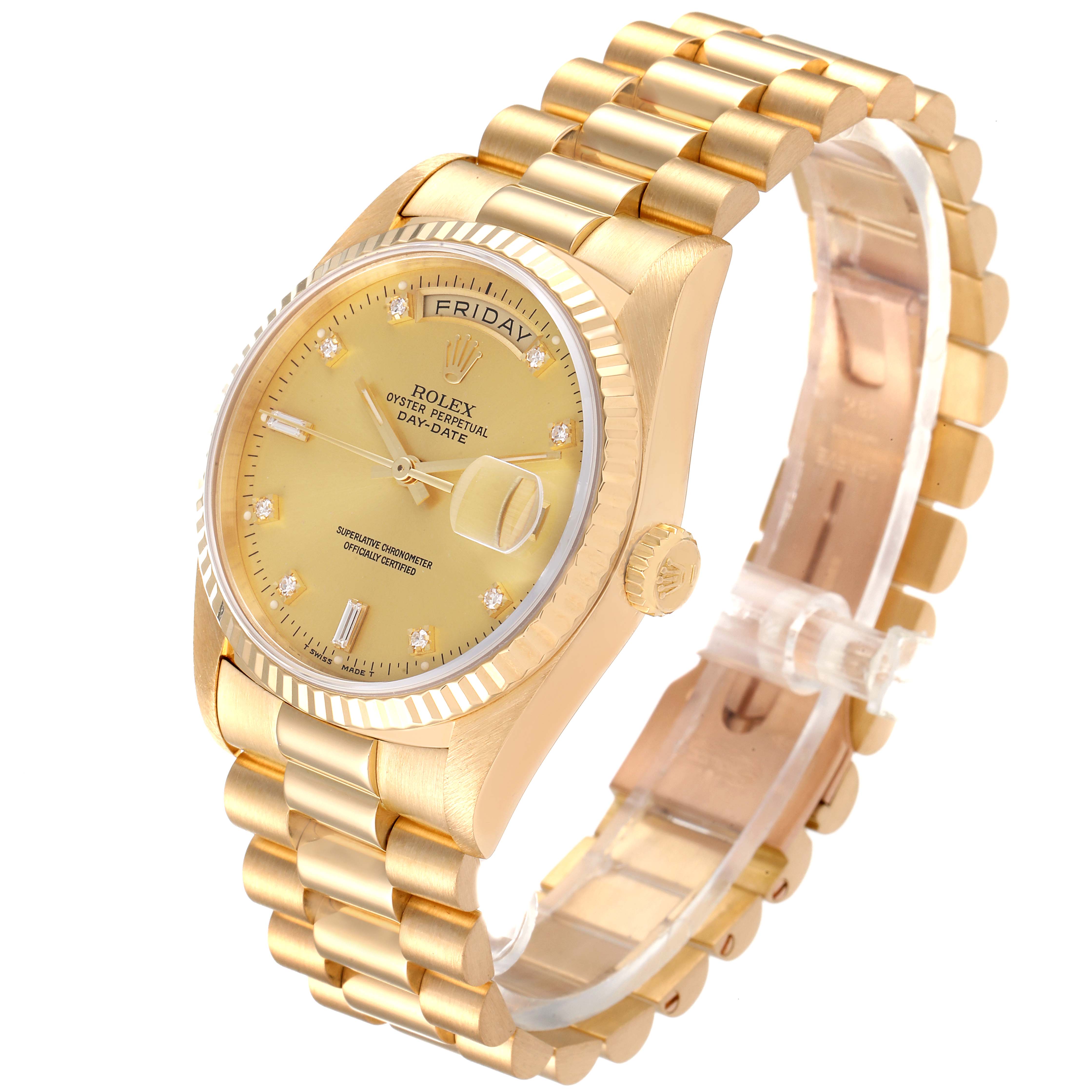 The Rolex President 18238 Men
s Yellow Gold Champagne Dial 18238 Men
s Yellow Gold Champagne Dial model watch is shown at a three-quarter angle, highlighting the face, bezel, and bracelet.