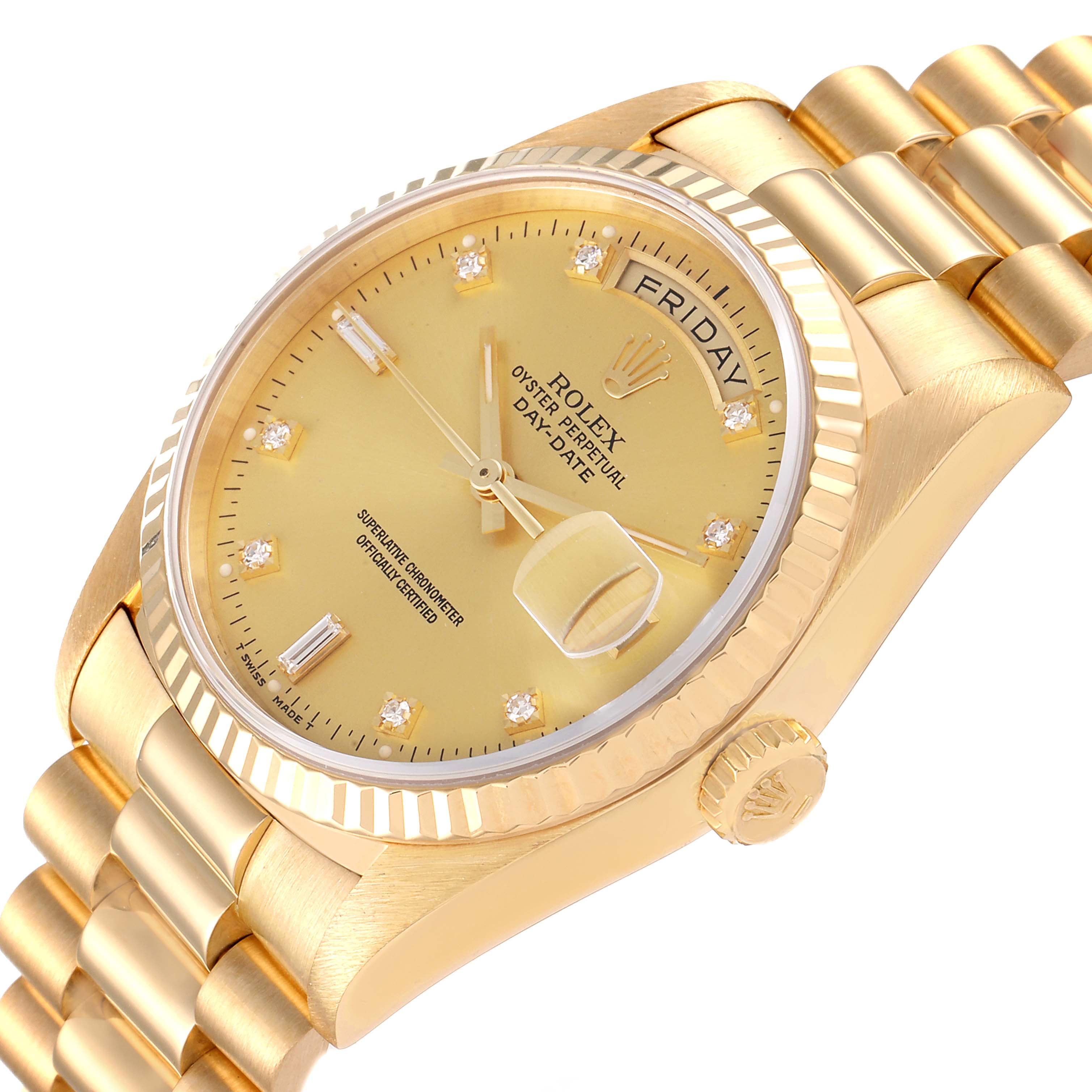 The image shows a close-up angled view of the dial, bracelet, and crown of a Rolex President 18238 Men
s Yellow Gold Champagne Dial 18238 Men
s Yellow Gold Champagne Dial model watch.