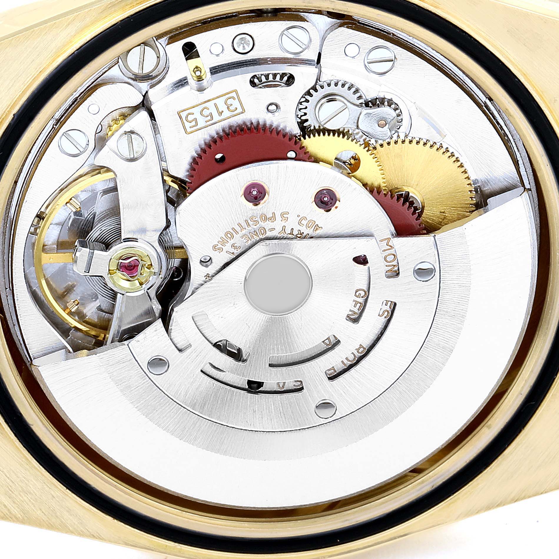 The image shows the internal mechanical parts and movement of a Rolex President 18238 Men
s Yellow Gold Champagne Dial 18238 Men
s Yellow Gold Champagne Dial model watch from a top-down angle.