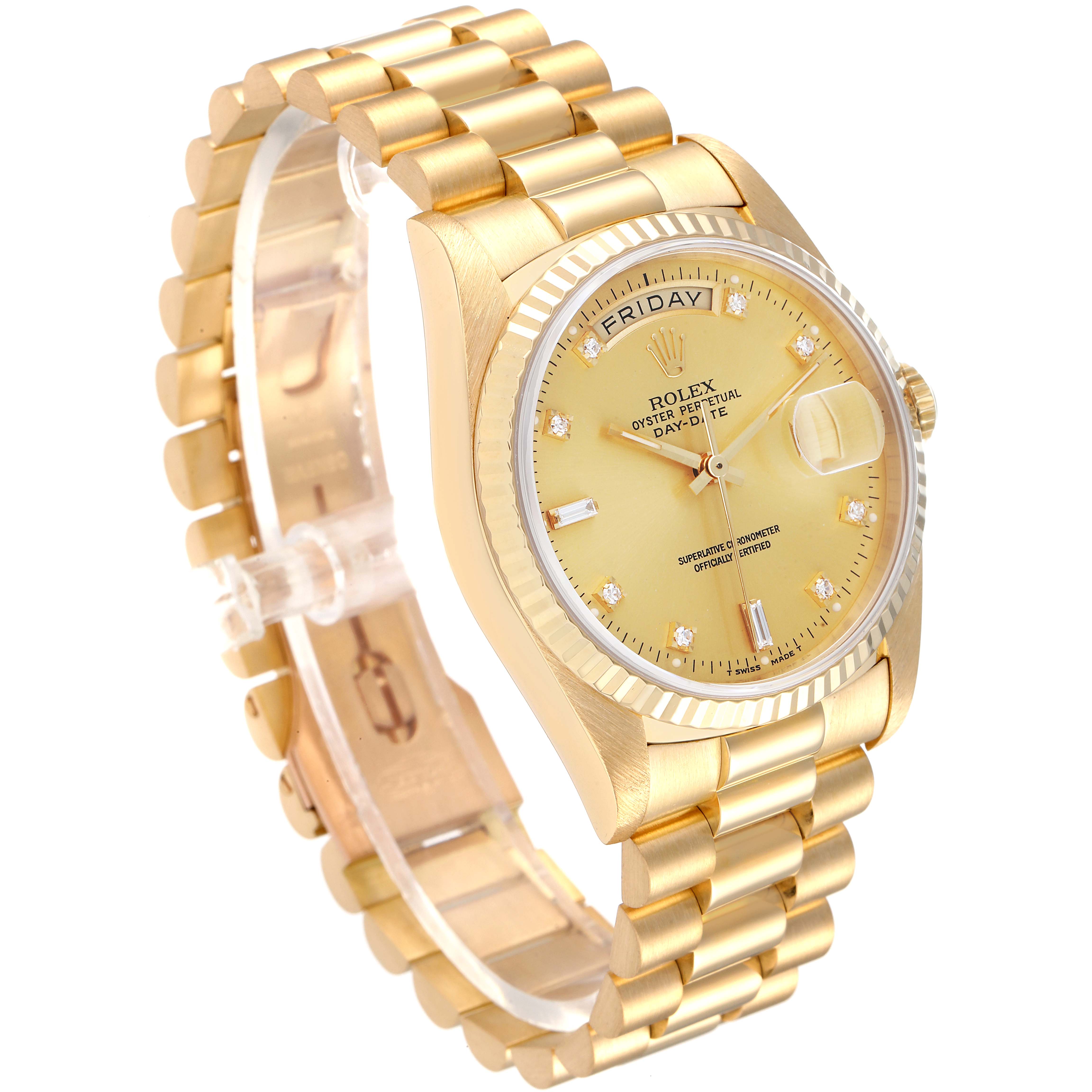 This image shows a side angle of the Rolex President 18238 Men
s Yellow Gold Champagne Dial 18238 Men
s Yellow Gold Champagne Dial watch, displaying the dial, bezel, and bracelet.