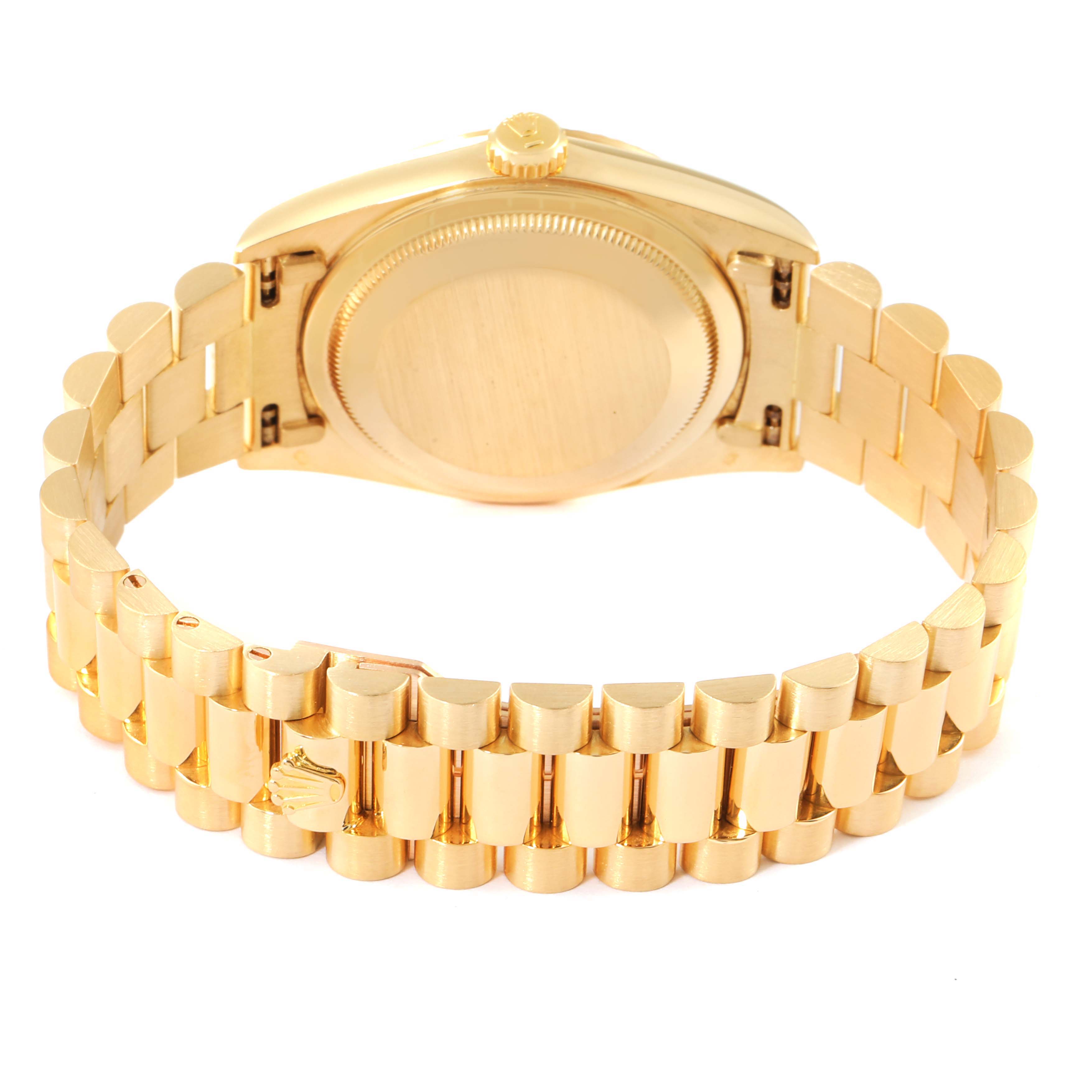 This image shows the back and bracelet of a Rolex President 18238 Men
s Yellow Gold Champagne Dial 18238 Men
s Yellow Gold Champagne Dial model watch, viewed from the rear.