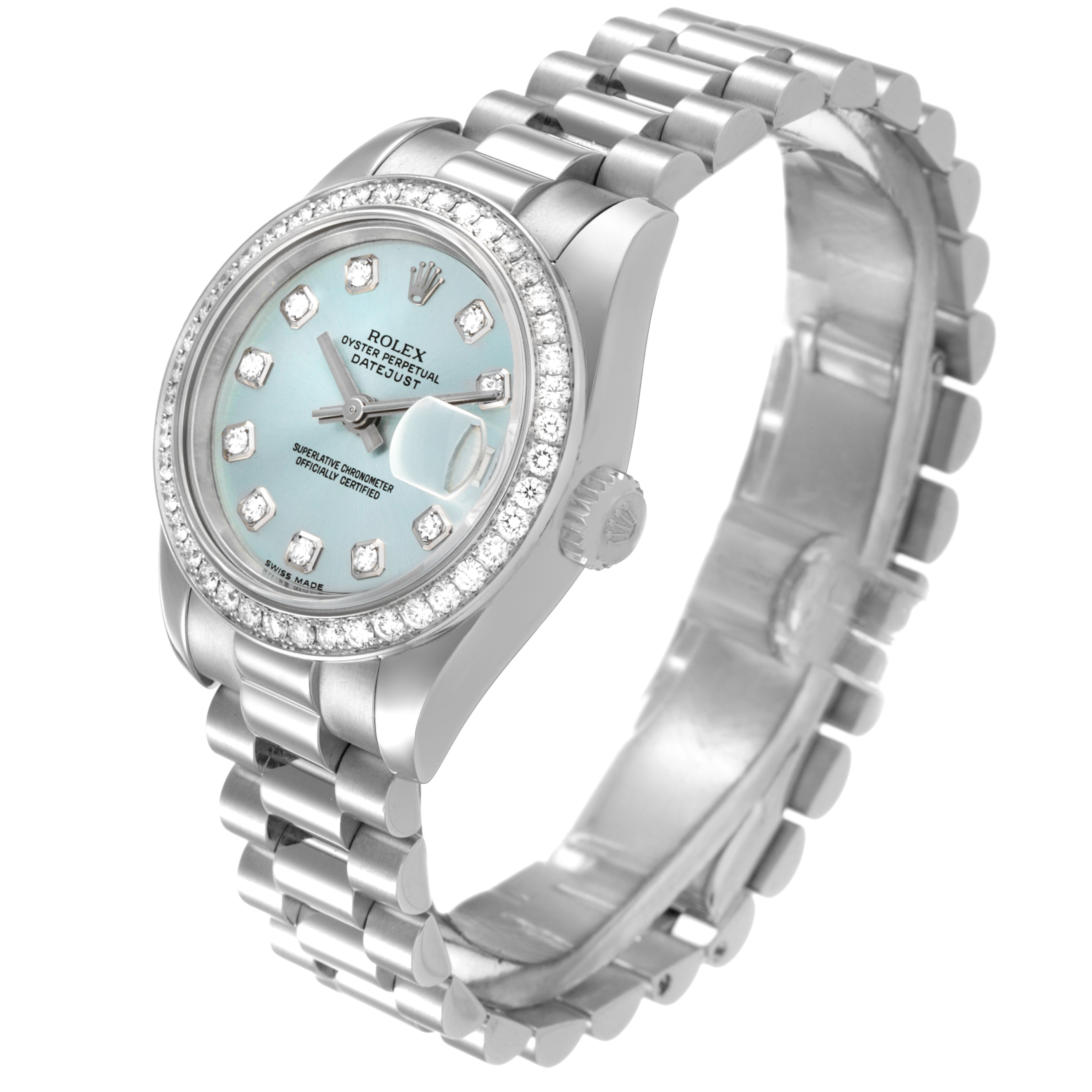 The Rolex President 179136 Women's Platinum Blue Dial model watch is shown at a slight angle, highlighting the dial, bezel, crown, and bracelet.