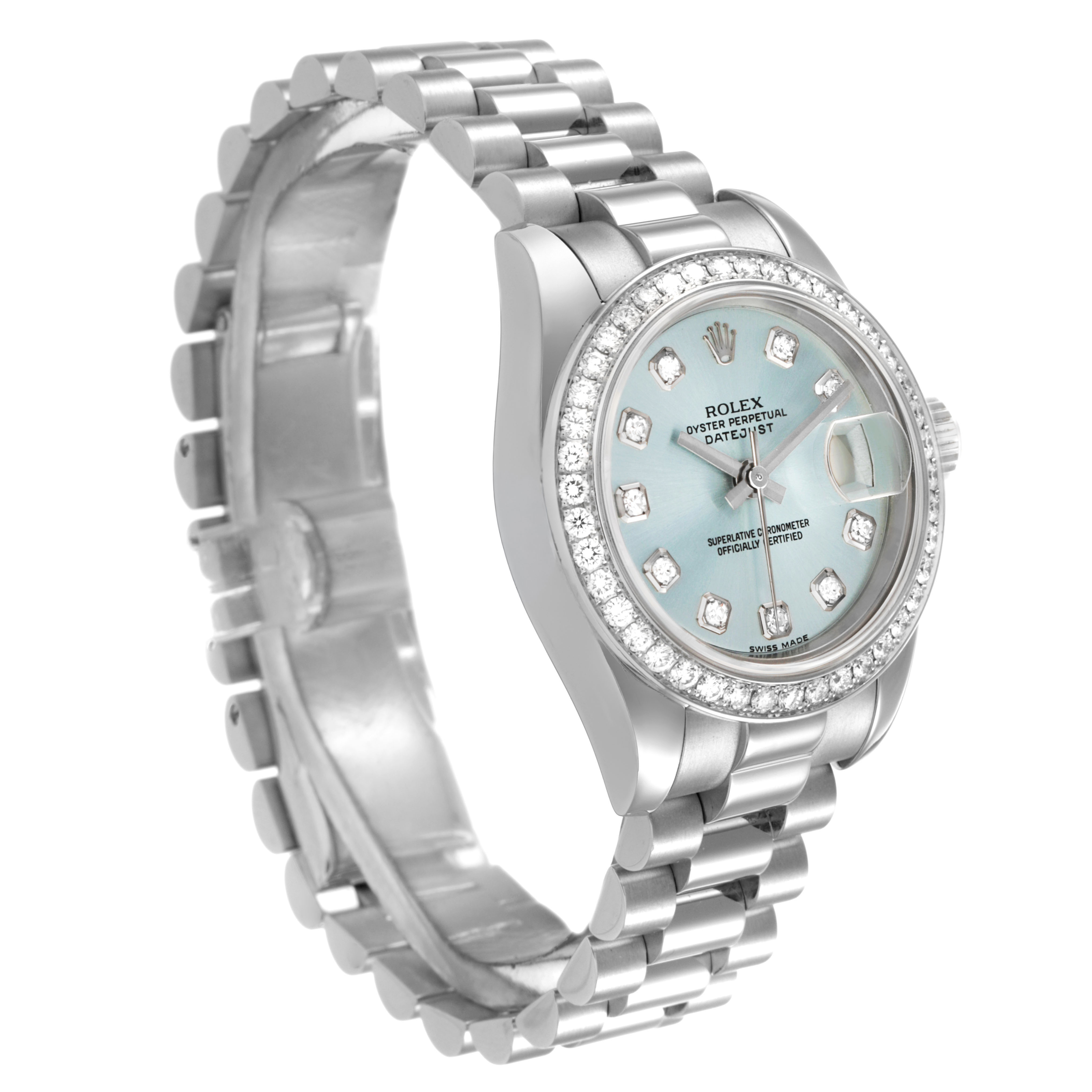 The Rolex President 179136 Women's Platinum Blue Dial watch is shown from a three-quarter side angle, highlighting the dial, bezel, and bracelet.