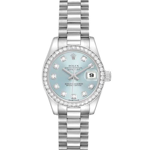 The Rolex President 179136 Women's Platinum Blue Dial model watch is shown from a front angle, highlighting the dial, bezel, and bracelet.