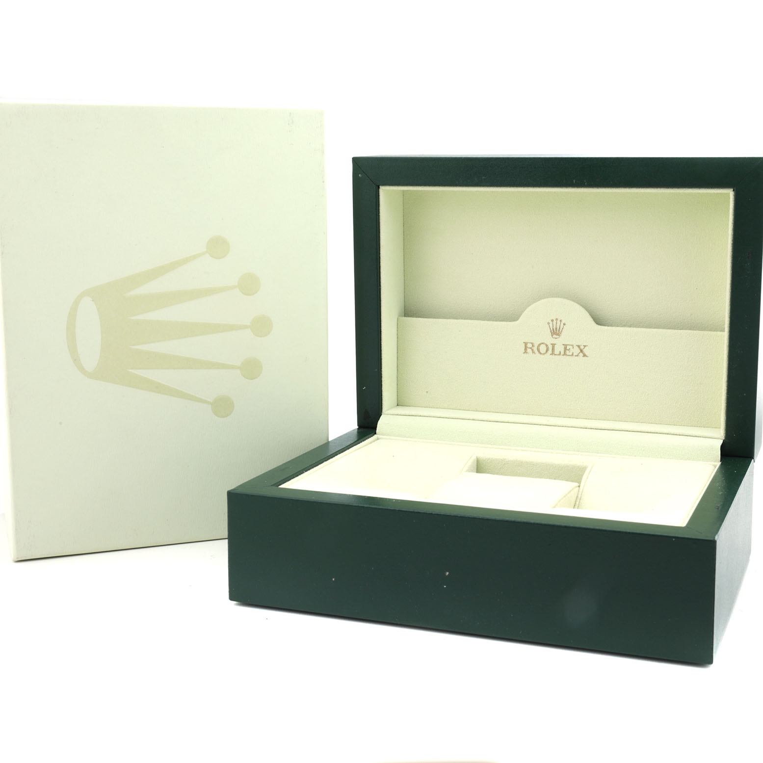 The image shows the open box for a Rolex President 179136 Women's Platinum Blue Dial watch, displaying its lined interior and branded emblem.