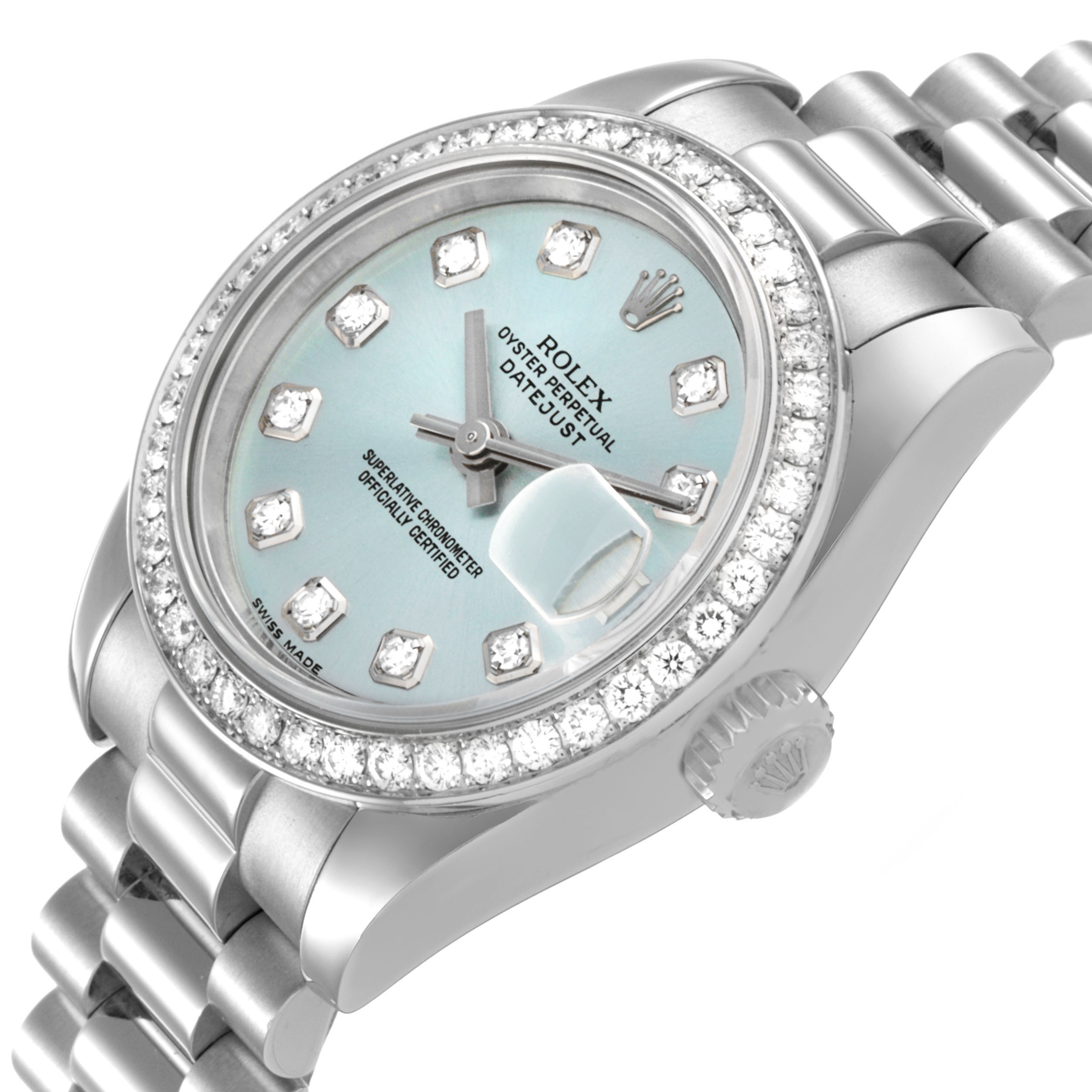 The Rolex President 179136 Women's Platinum Blue Dial watch is shown from a side angle, highlighting the bezel, dial, crown, and part of the bracelet.