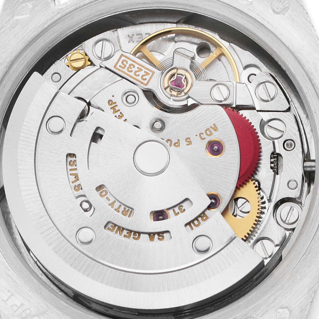 The image shows the movement mechanism of a Rolex President 179136 Women's Platinum Blue Dial watch, specifically focusing on its inner components.
