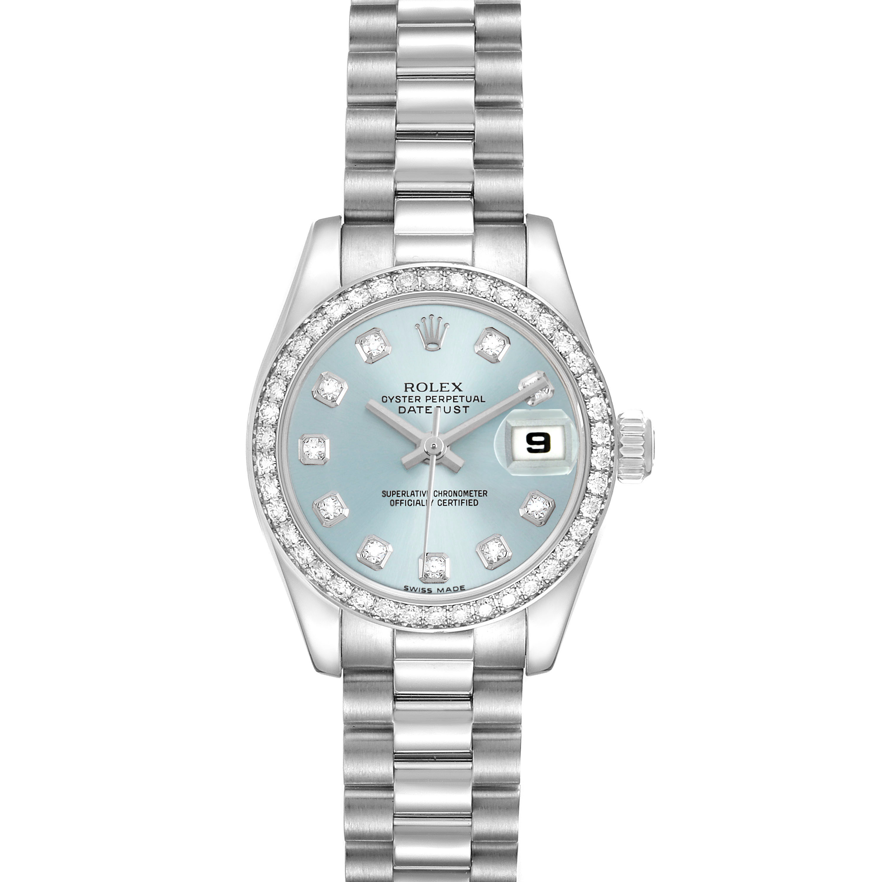 The Rolex President 179136 Women's Platinum Blue Dial model watch is shown from a top-down angle, highlighting the face, bezel, and part of the bracelet.