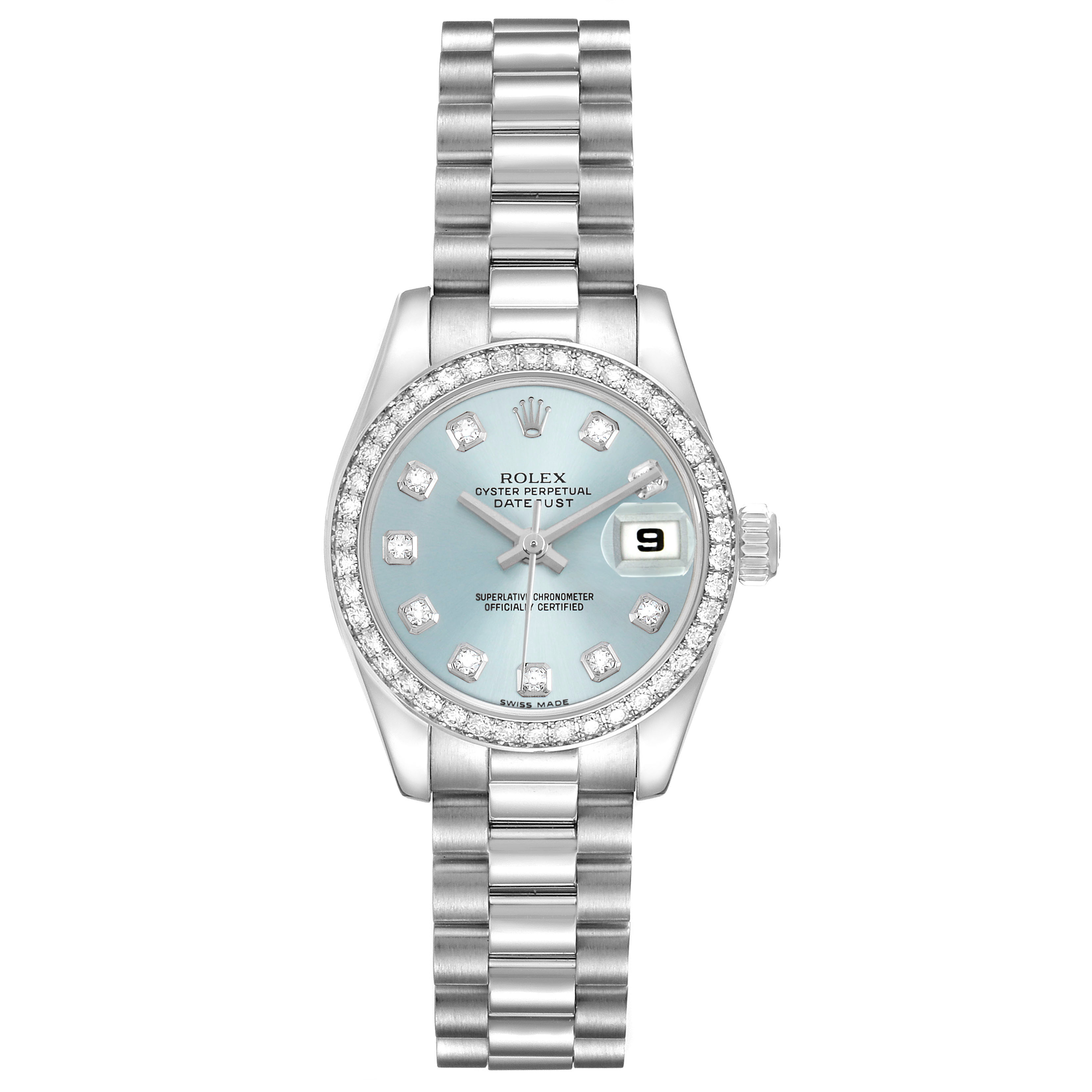 The Rolex President 179136 Women's Platinum Blue Dial model watch is shown from a front view, highlighting its face, bezel, bracelet, and date display.