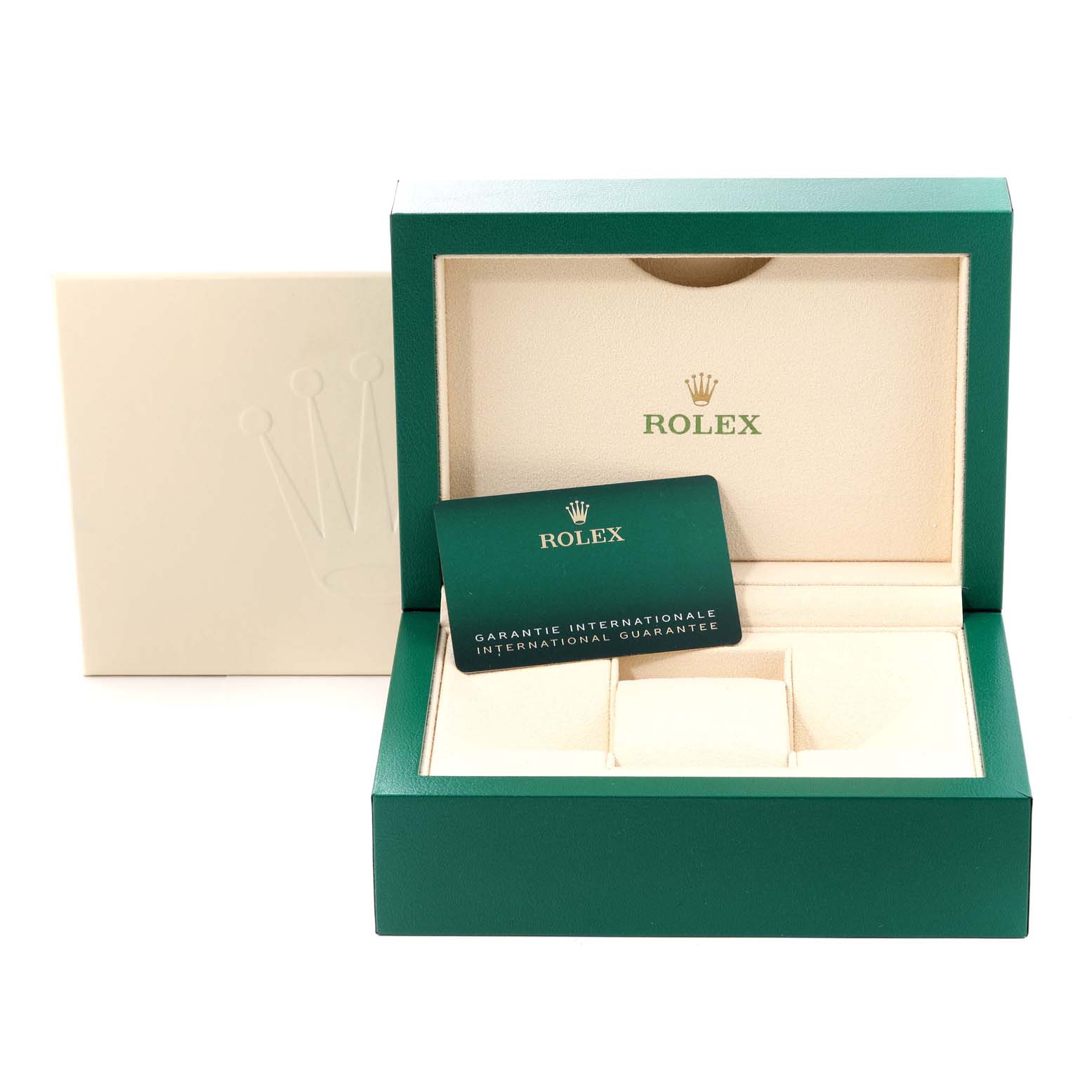 The image shows the packaging, warranty card, and inner box for the Rolex Sea-Dweller 136660 Men's Stainless Steel Blue Dial 136660 Men's Stainless Steel Blue Dial watch.