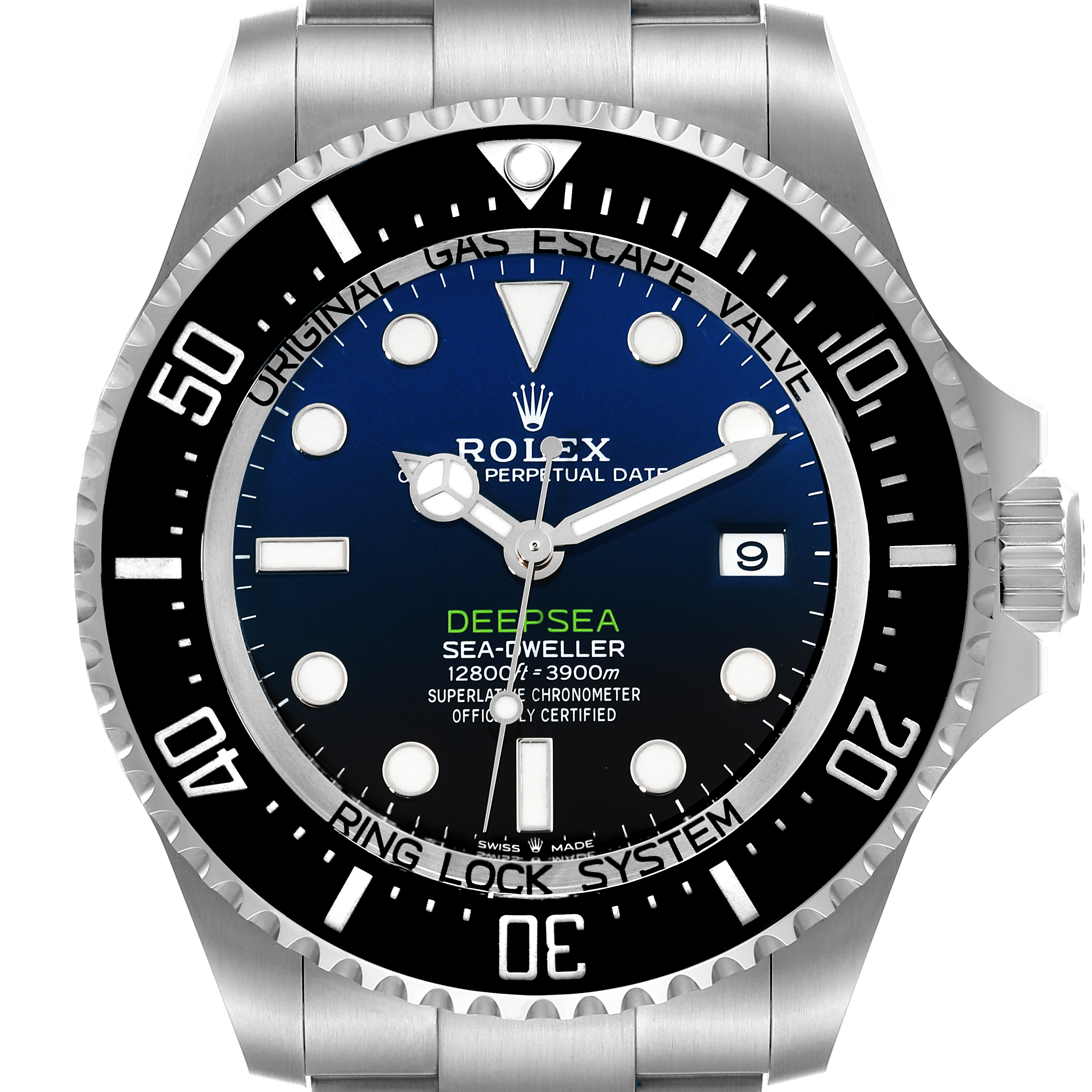This image shows a front view of the Rolex Sea-Dweller 136660 Men's Stainless Steel Blue Dial 136660 Men's Stainless Steel Blue Dial Deepsea watch, highlighting the bezel, dial, hands, and crown.