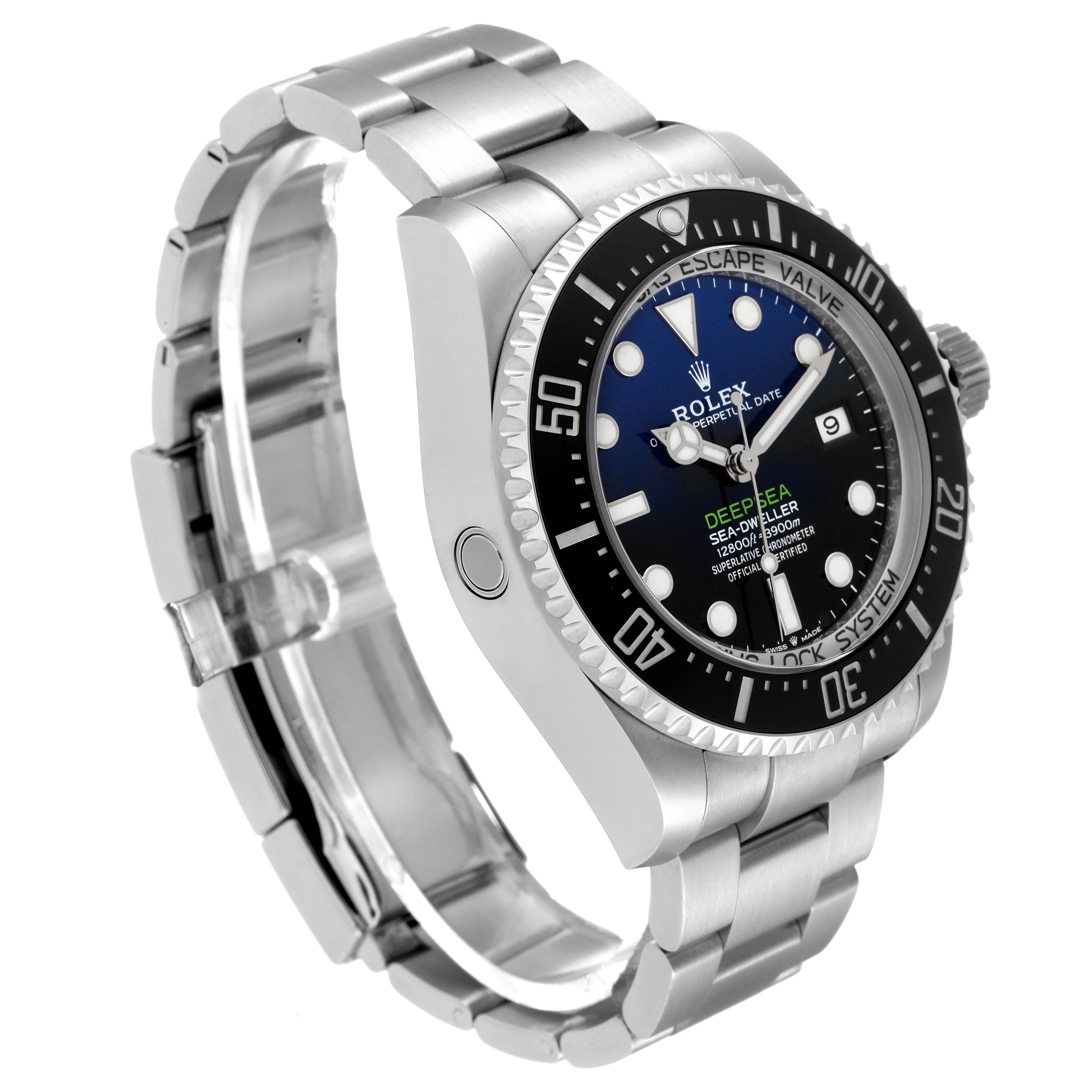 The Rolex Sea-Dweller 136660 Men's Stainless Steel Blue Dial 136660 Men's Stainless Steel Blue Dial watch is shown at an angle displaying the face, bezel, and part of the bracelet.