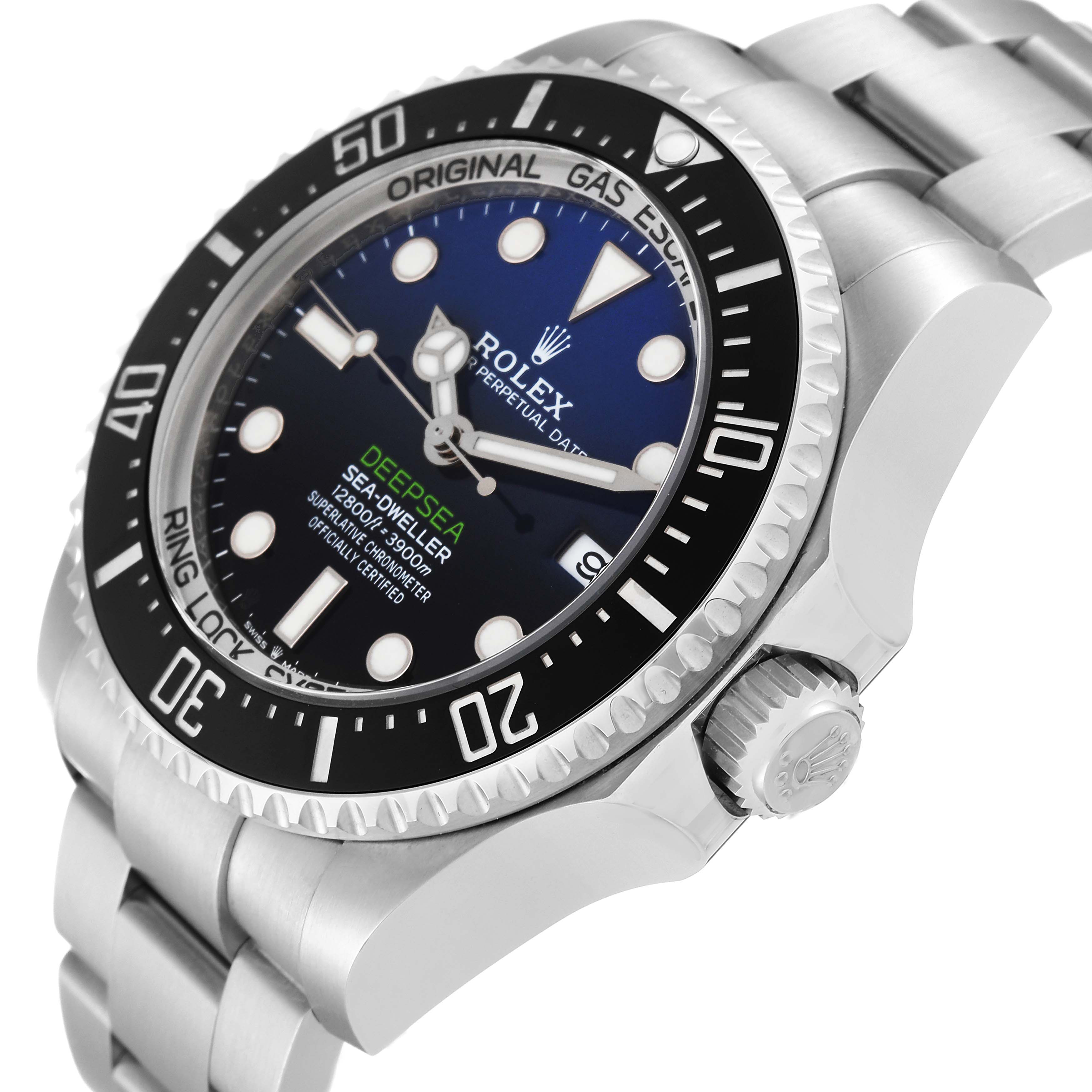 The image shows a side angle of the Rolex Sea-Dweller 136660 Men's Stainless Steel Blue Dial 136660 Men's Stainless Steel Blue Dial watch, highlighting its dial, bezel, and part of the bracelet.