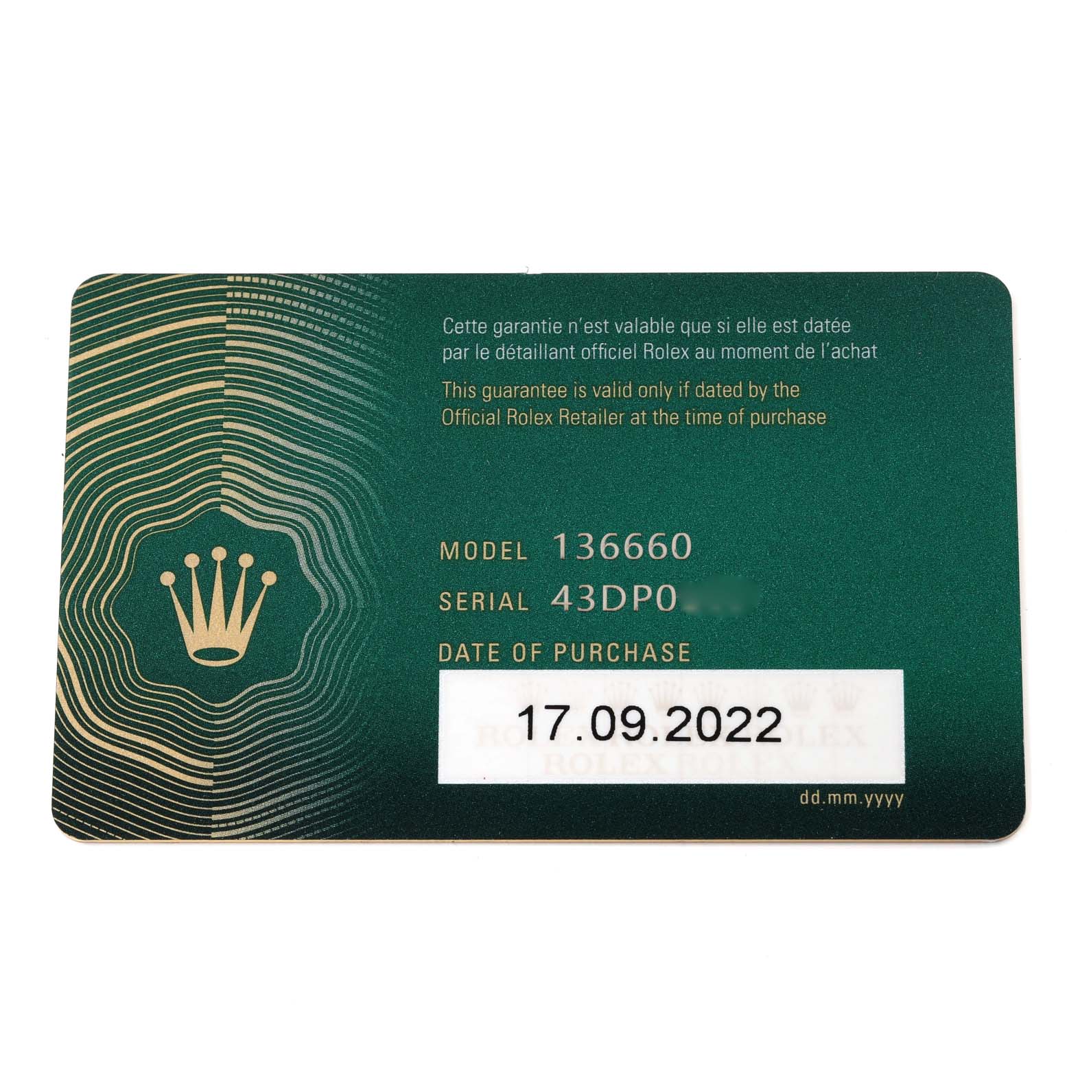 This image shows a green Rolex guarantee card for a Sea-Dweller model 136660 with a purchase date of 17.09.2022.