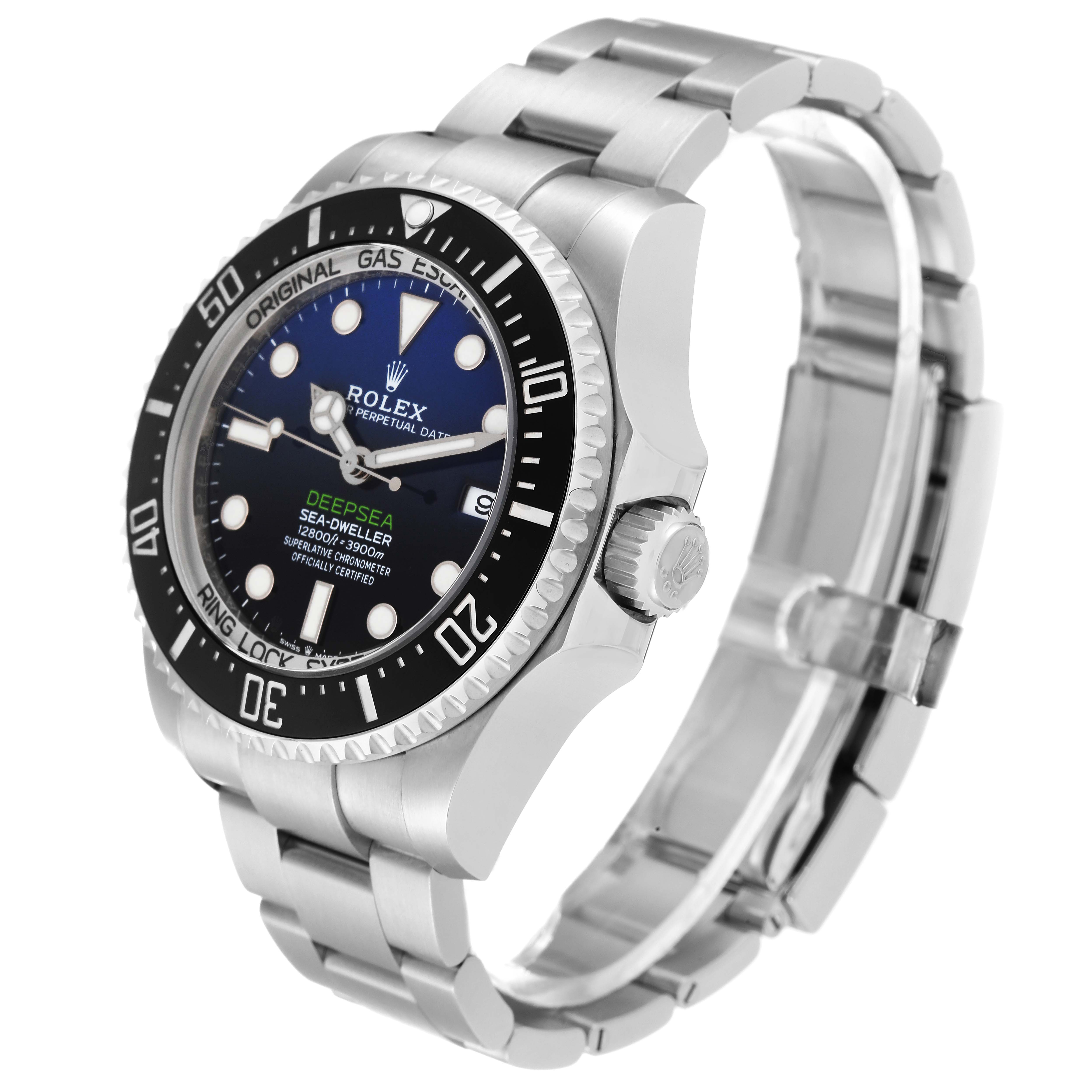 The image shows a side angle of a Rolex Sea-Dweller 136660 Men's Stainless Steel Blue Dial 136660 Men's Stainless Steel Blue Dial watch, displaying its face, bezel, crown, and bracelet.