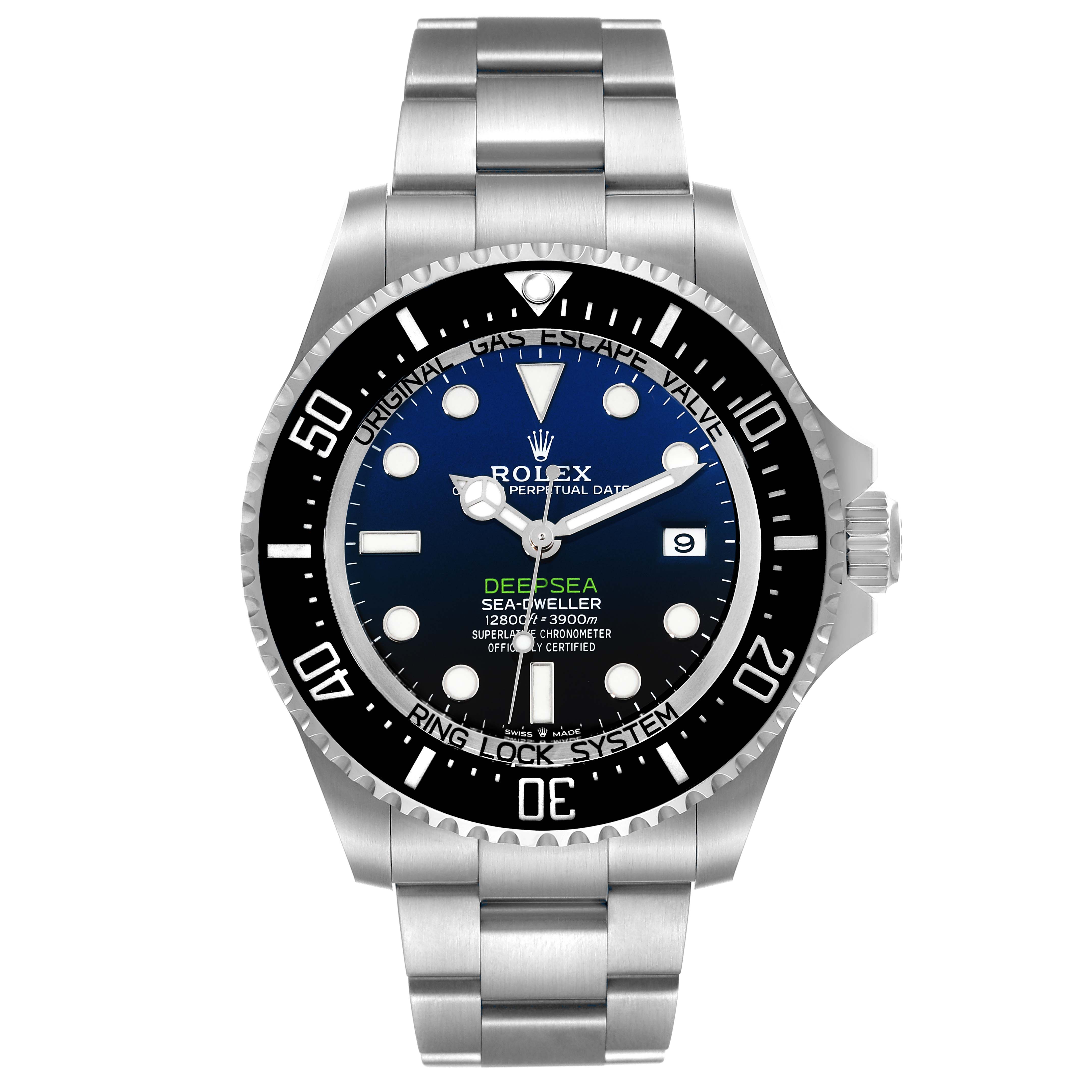 This image shows a front view of the Rolex Sea-Dweller 136660 Men's Stainless Steel Blue Dial 136660 Men's Stainless Steel Blue Dial Deepsea watch, displaying the dial, bezel, and bracelet.