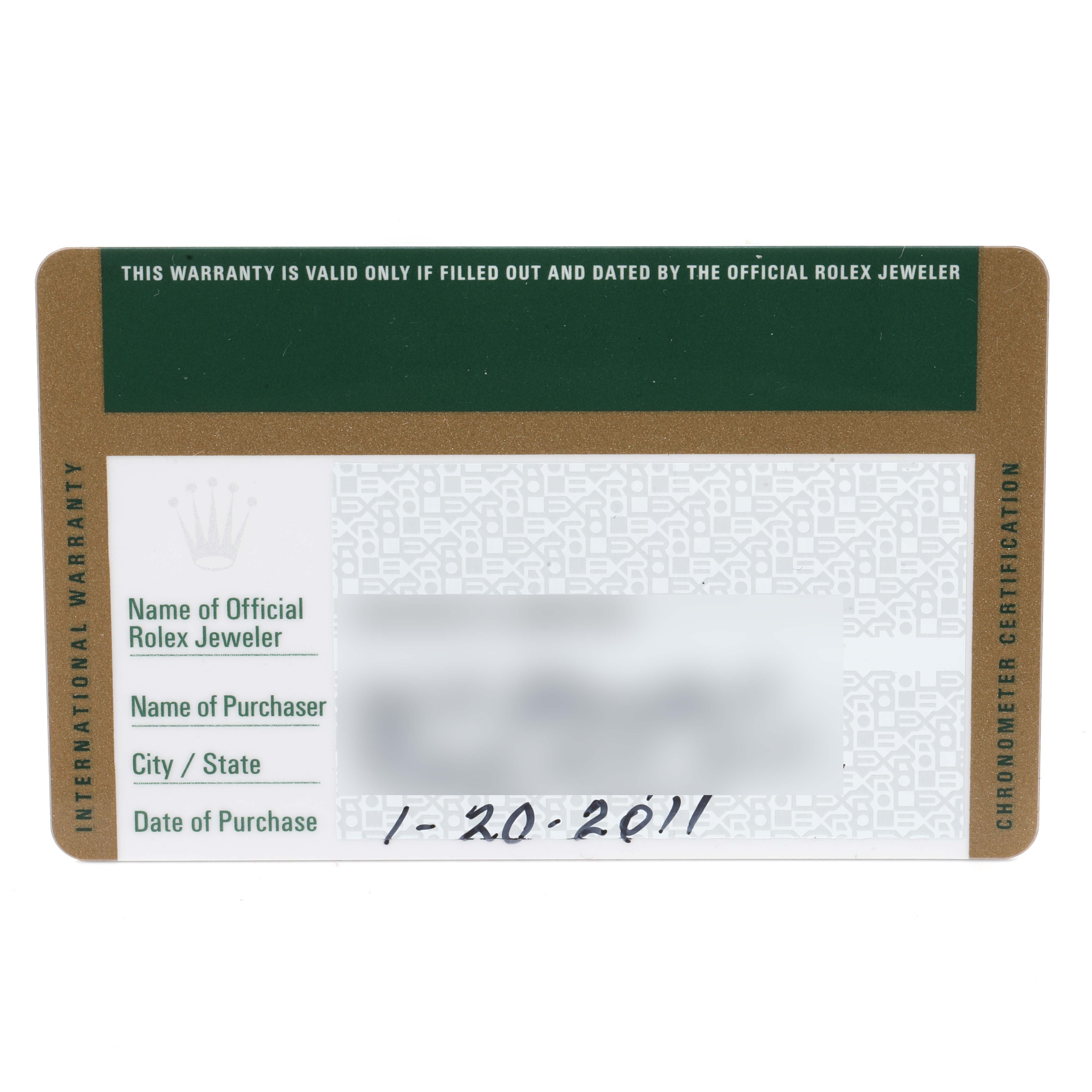 Shown is an official international warranty card for the Rolex Submariner 116610 Men
s Stainless Steel Black Dial 116610 Men
s Stainless Steel Black Dial model.