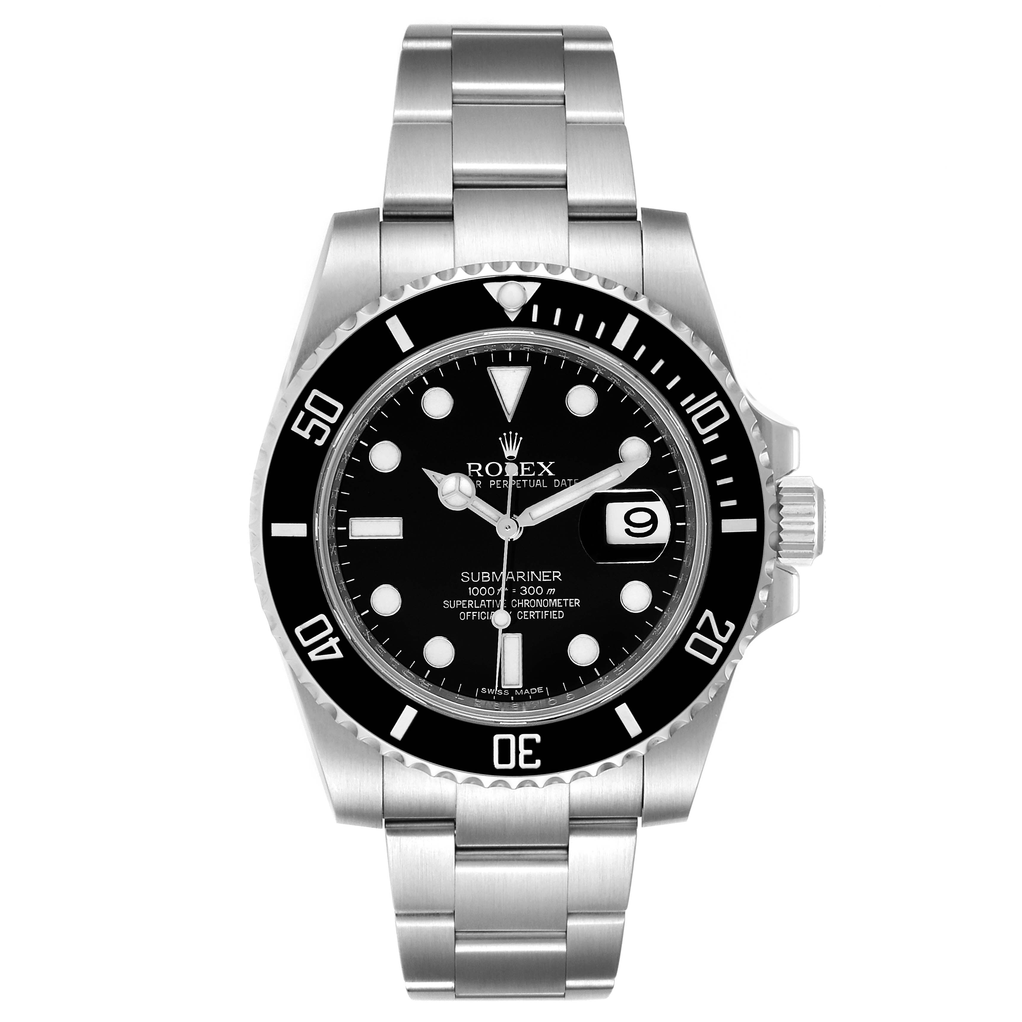 This image displays a frontal view of the Rolex Submariner 116610 Men
s Stainless Steel Black Dial 116610 Men
s Stainless Steel Black Dial watch, showcasing the bezel, dial, hands, and bracelet.