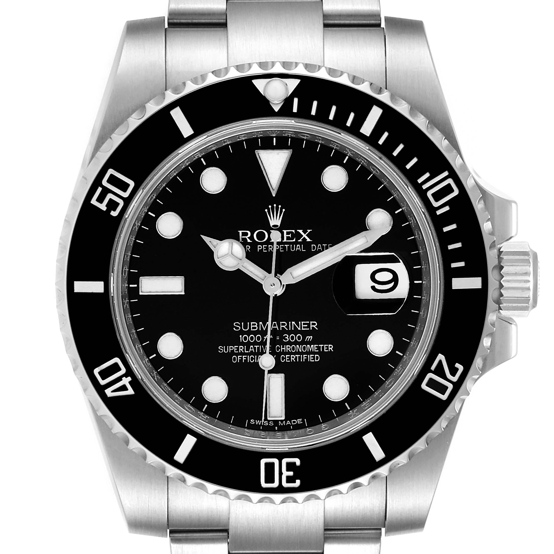 This image shows a front view of a Rolex Submariner 116610 Men
s Stainless Steel Black Dial 116610 Men
s Stainless Steel Black Dial watch, highlighting its dial, bezel, and bracelet.