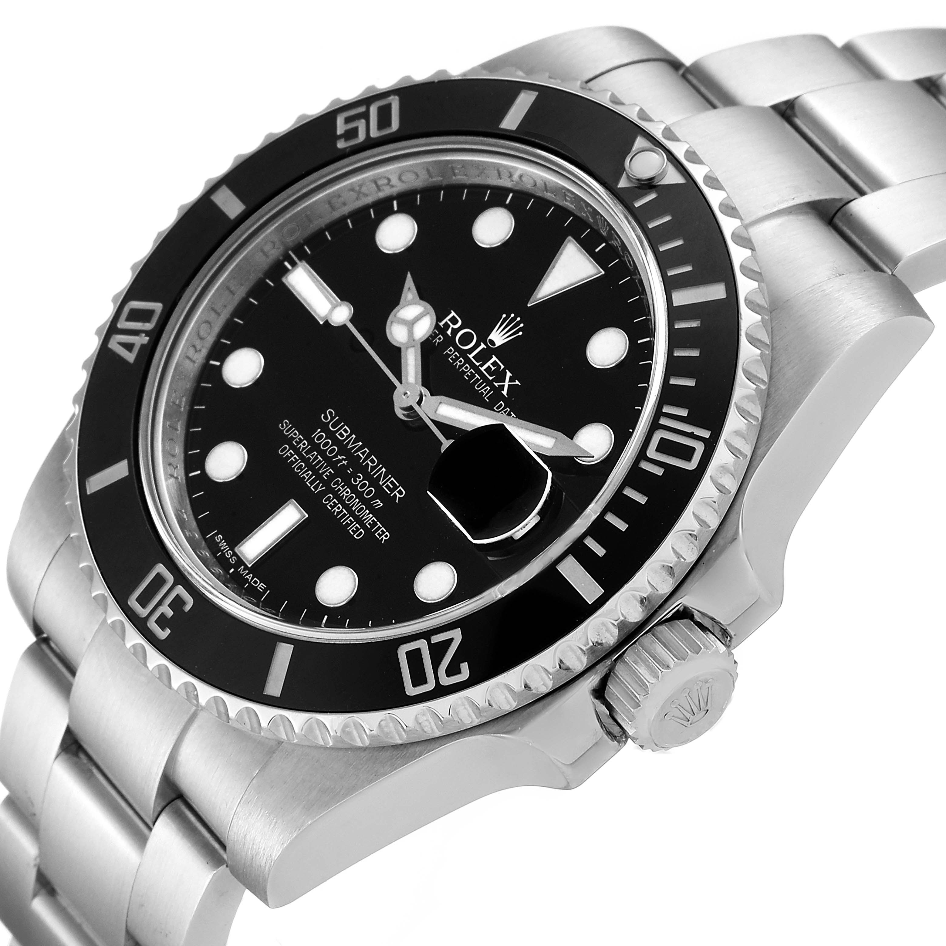 The image shows a Rolex Submariner 116610 Men
s Stainless Steel Black Dial 116610 Men
s Stainless Steel Black Dial watch at an angled top-down view highlighting the bezel, dial, crown, and part of the bracelet.
