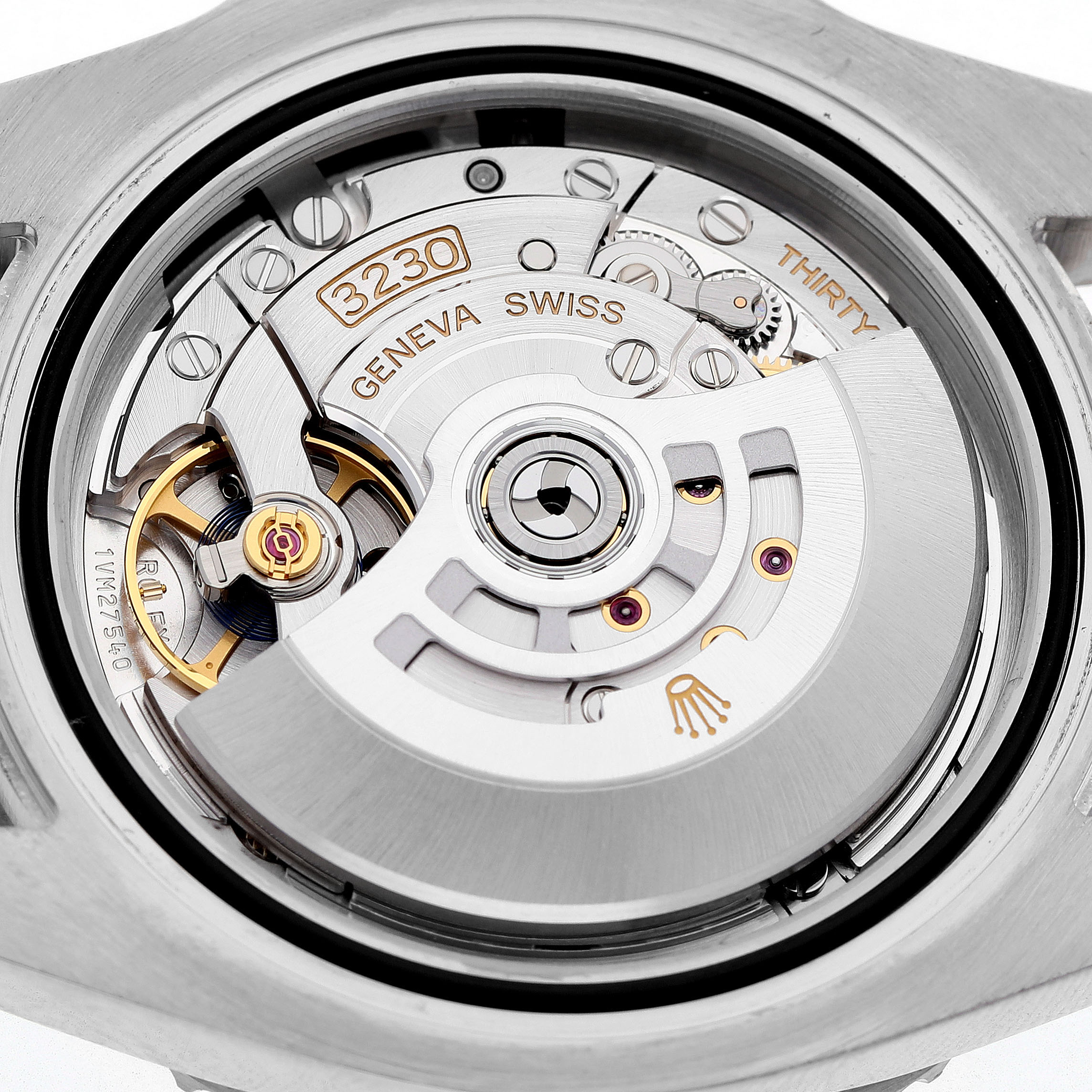 The image shows the movement mechanism of a Rolex Submariner 124060 Men's Stainless Steel Black Dial, viewed from the back, highlighting the rotor and gears.