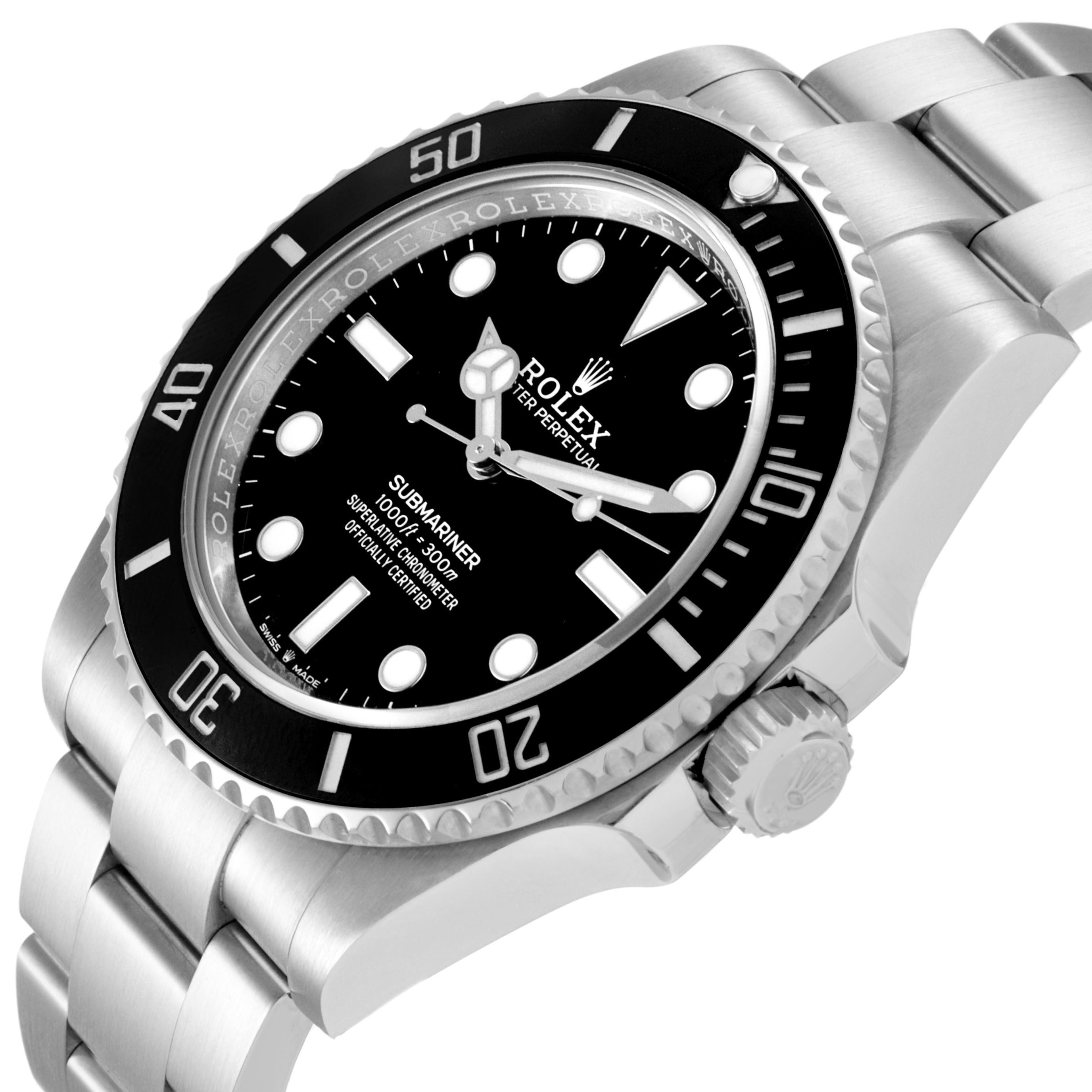 The Rolex Submariner 124060 Men's Stainless Steel Black Dial is shown at a slight angle, displaying its bezel, crown, dial, and part of the bracelet.