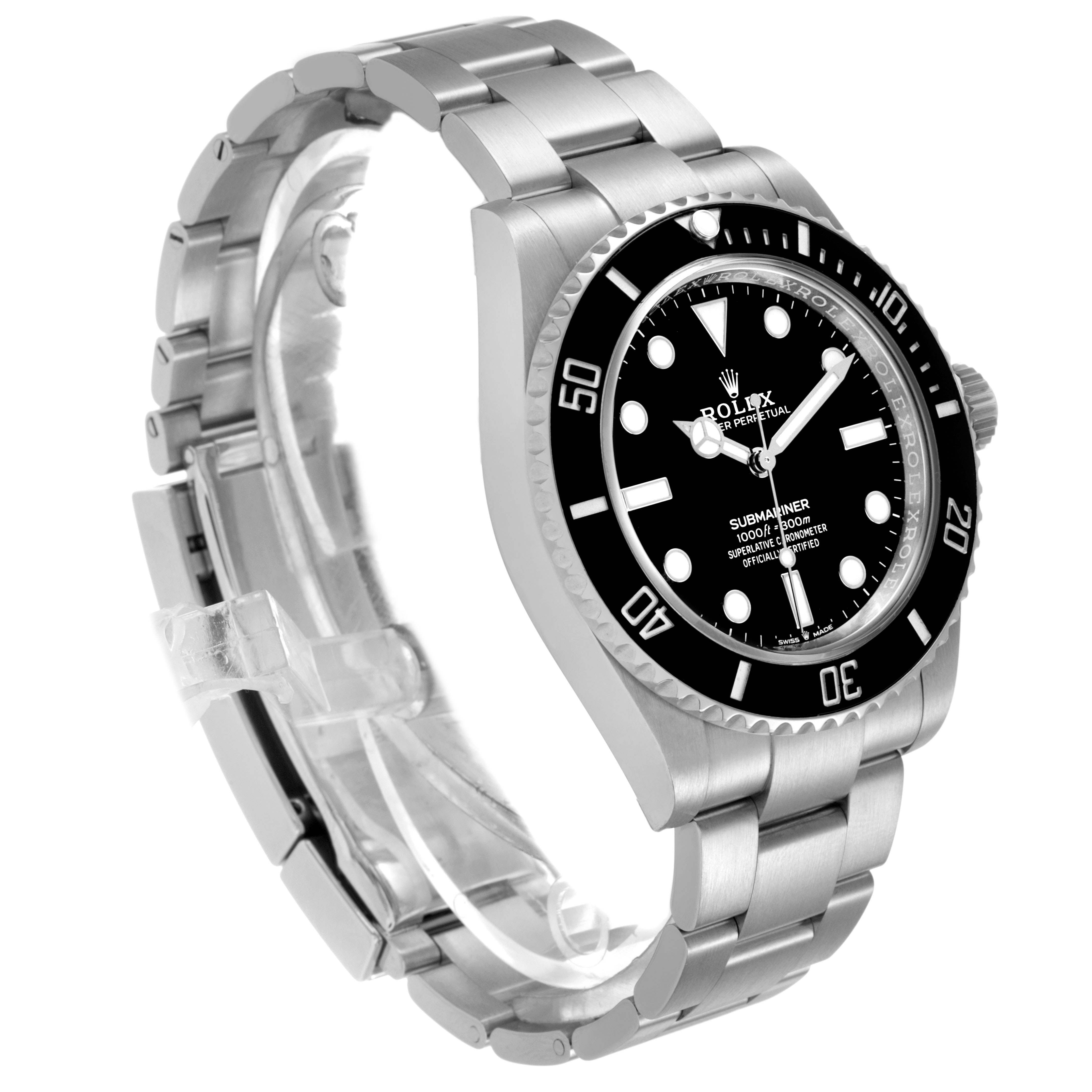 The image shows a Rolex Submariner 124060 Men's Stainless Steel Black Dial watch at a three-quarter angle, highlighting its bezel, dial, crown, and bracelet.