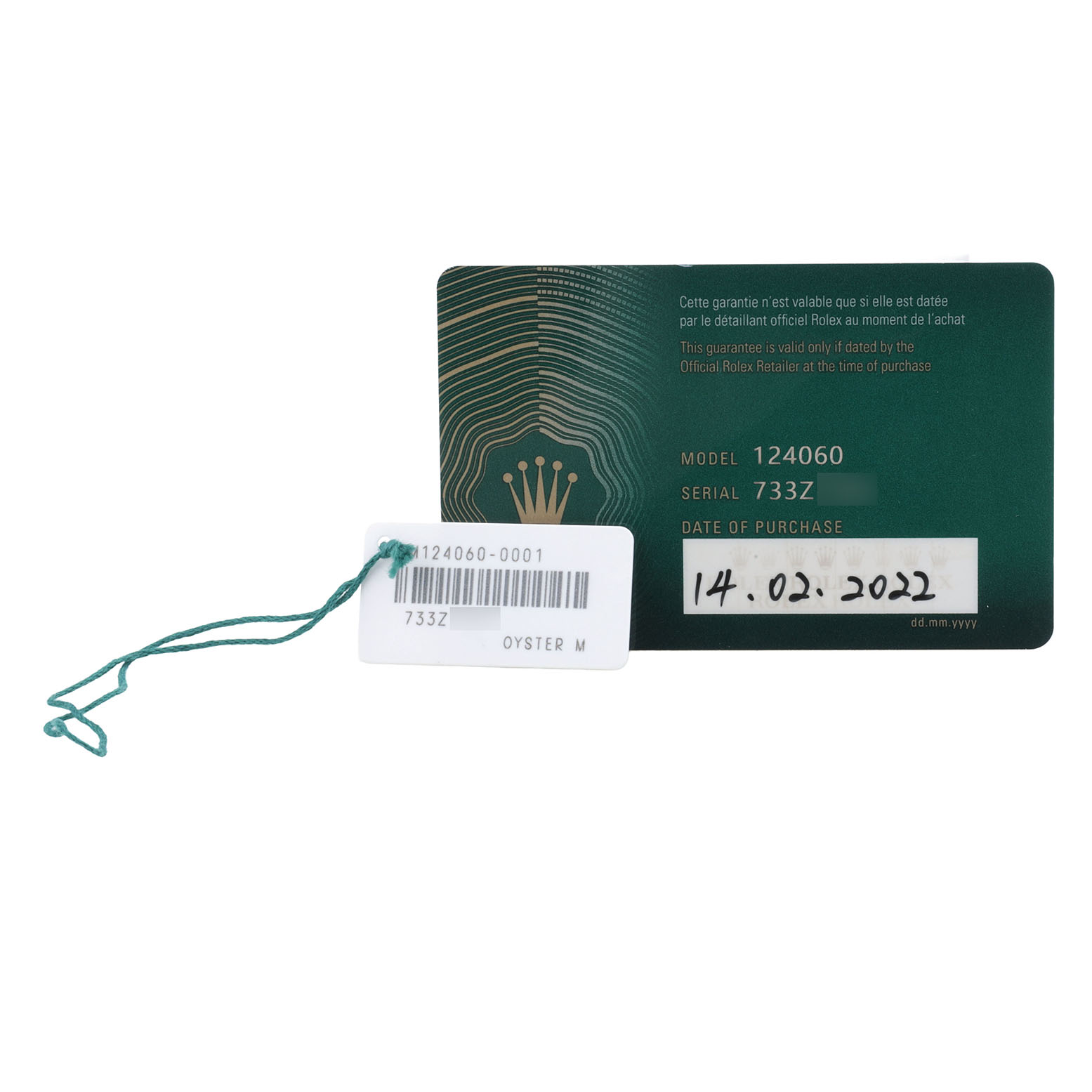 The image shows a warranty card and tag for a Rolex Submariner 124060 Men's Stainless Steel Black Dial model, including model and serial numbers, with a purchase date.