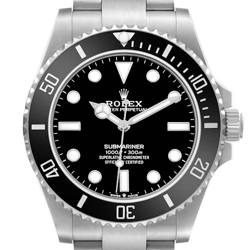 The photo shows a front view of a Rolex Submariner 124060 Men's Stainless Steel Black Dial, highlighting the dial, bezel, and crown.