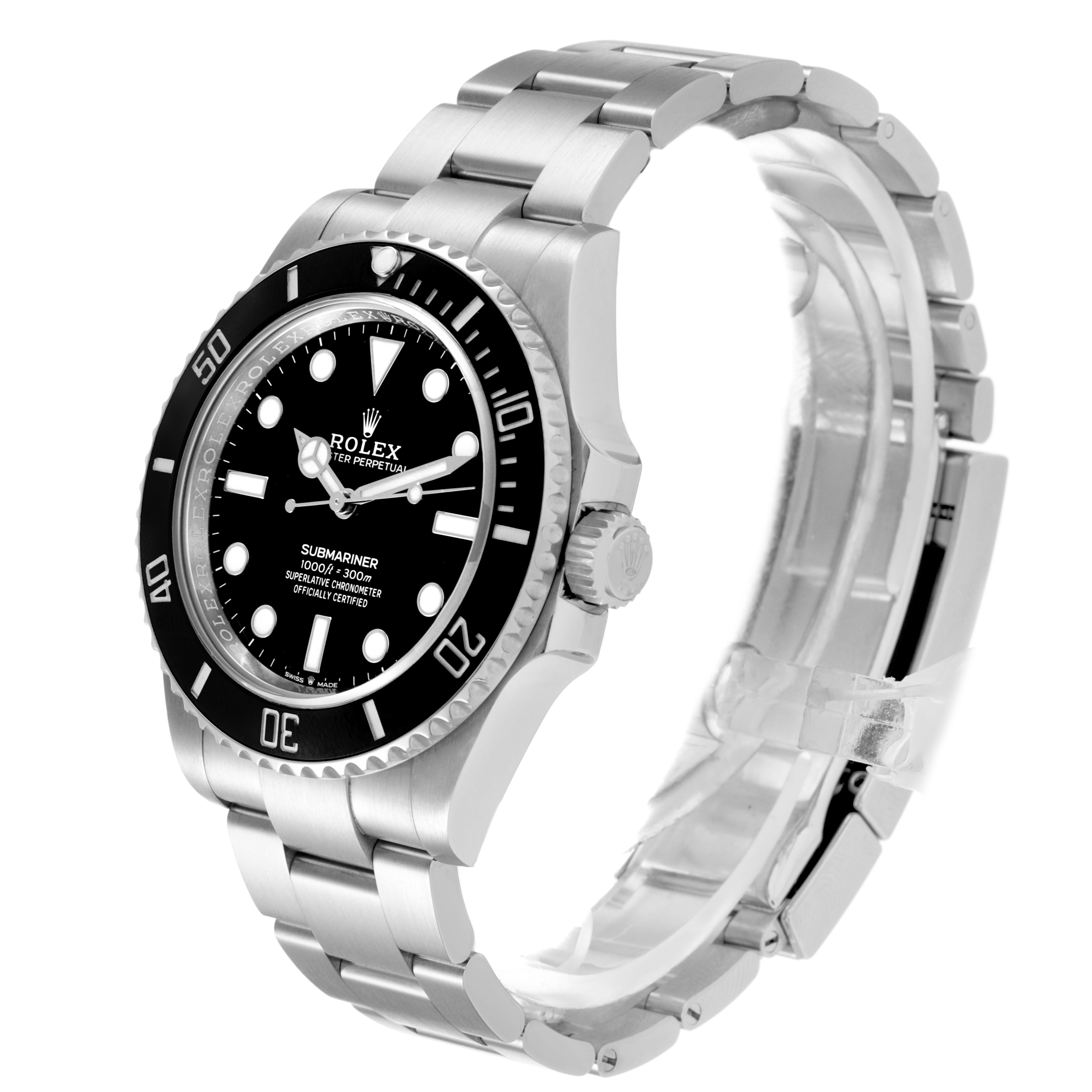 The Rolex Submariner 124060 Men's Stainless Steel Black Dial watch is shown at a side angle, displaying the dial, bezel, crown, and bracelet.