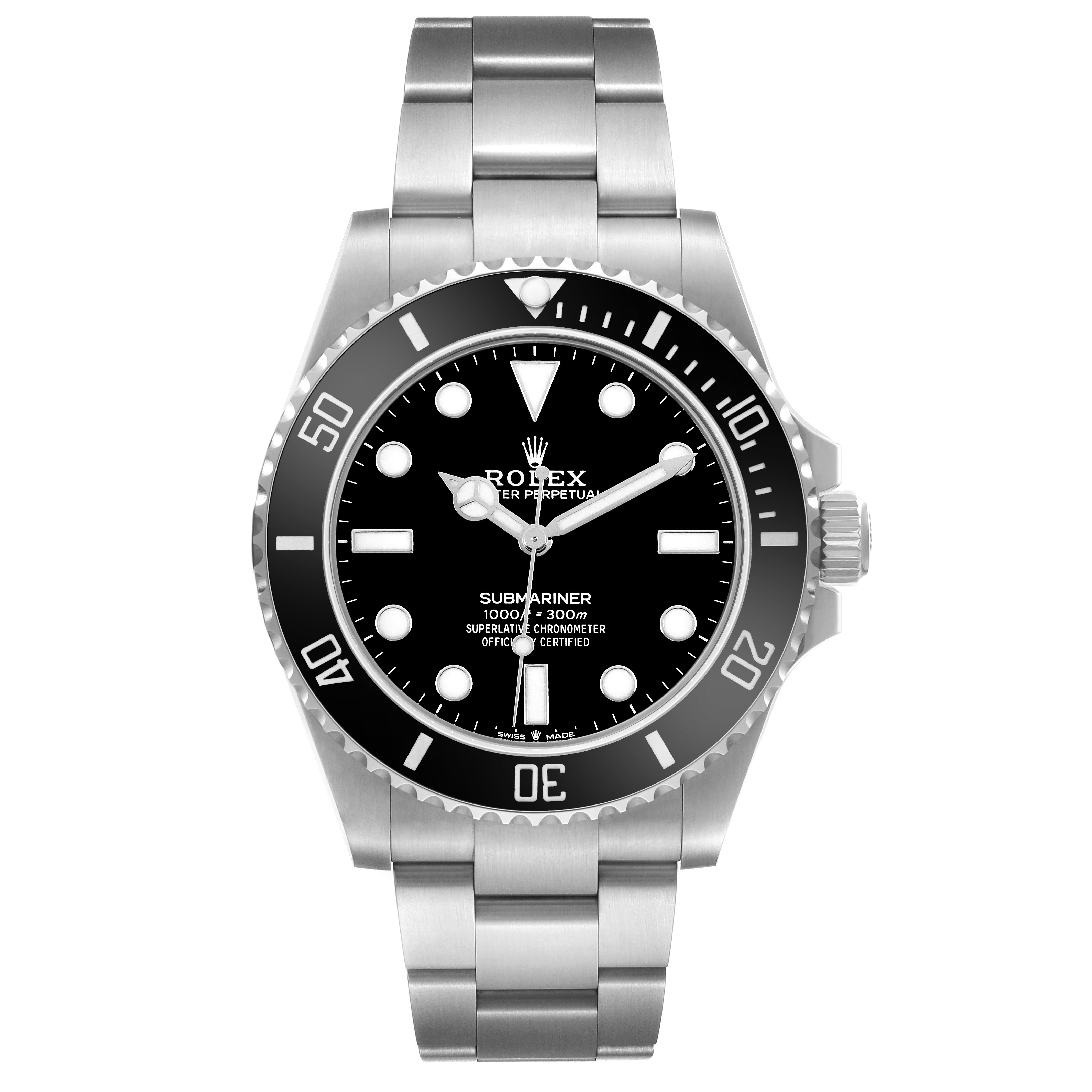 The Rolex Submariner 124060 Men's Stainless Steel Black Dial watch is shown from the front, displaying its dial, bezel, case, and bracelet.